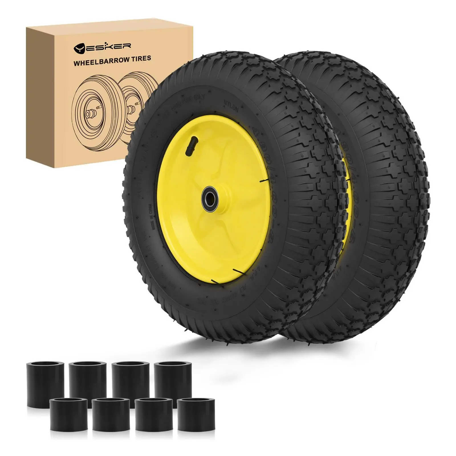 Yesker 4.80/4.00-8 Pneumatic Tires and Wheels Replacement, 16" Air-Inflated Tire Wheel with 5/8" Axle Bore for Wheelbarrow, Utility Cart, 2-Pack (Father's Day Gift)