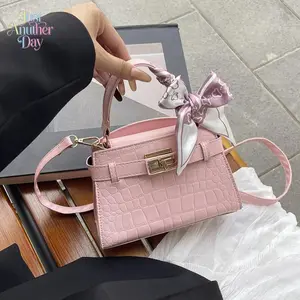 Pink Croc Embossed Mini Kelly Crossbody Bag French Chic Satchel with Twilly Scarf Compact Daily Commute Handbag