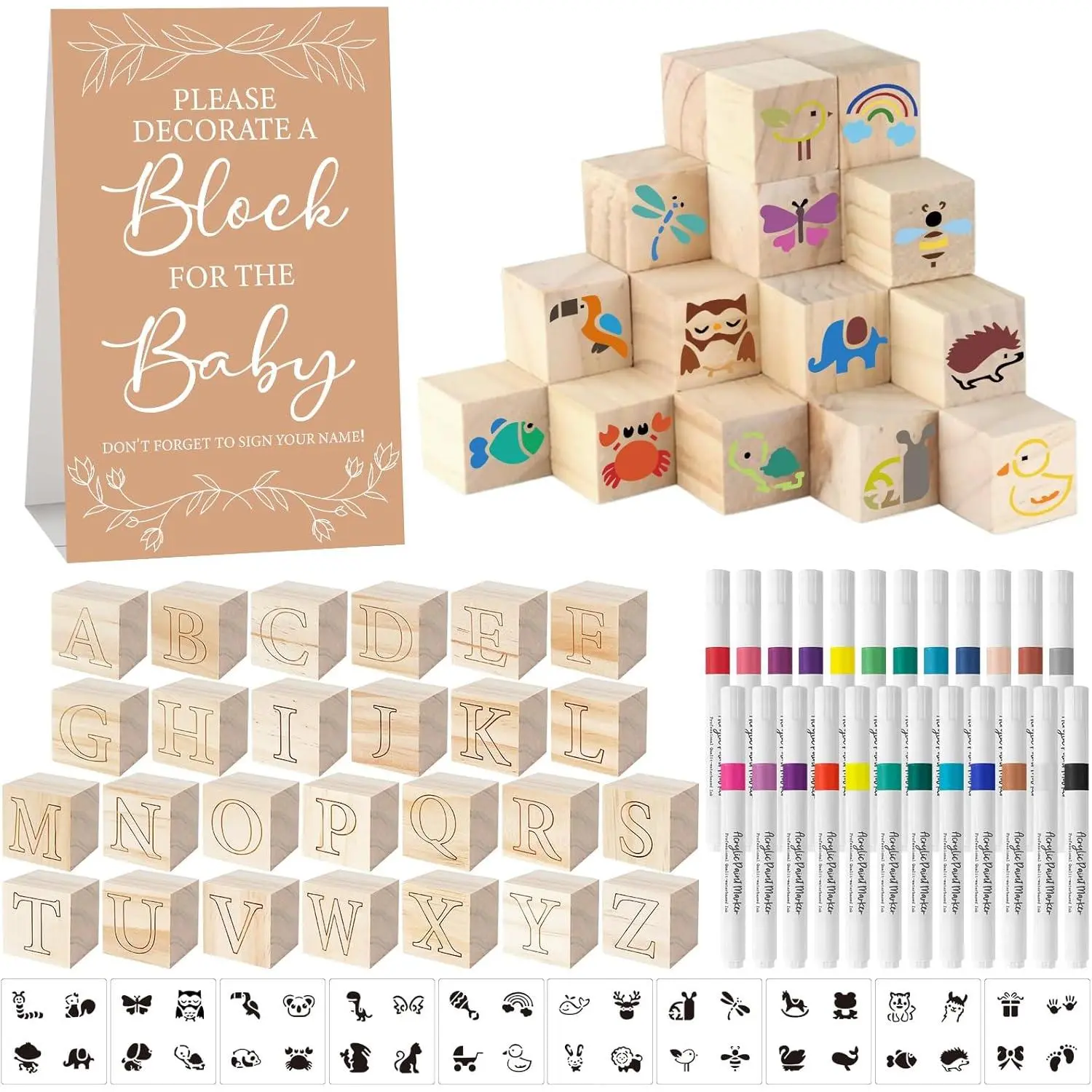 117-Piece Baby Shower Craft Kit, Stacking Game Decor Set with 52 Wooden Blocks, 24 Markers, 1 Game Sign, 40 Painting Templates (Kraft), Baby Items