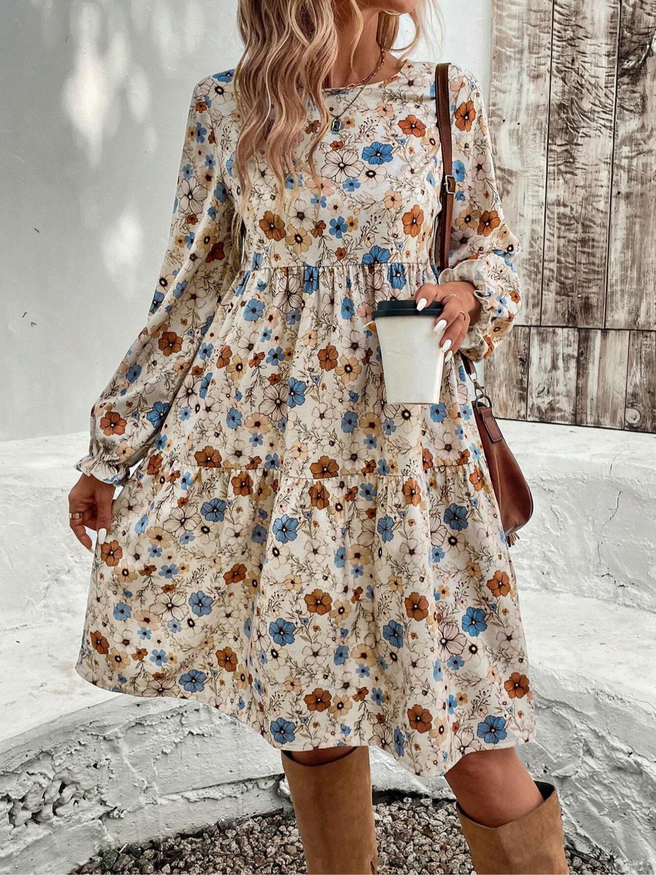 Women's Floral Print Tie Neck Flounce Ruffled Sleeve Woven Fit Dress, Elegant Feminine Fashion Casual Dress for Daily Outdoor Wear, Women Dress for Spring Fall