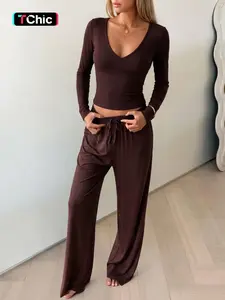 Deep V-Neck Slim Fit Long Sleeve Top and Drawstring Wide Leg Pants Set, Soft Stretchy Slimming Casual Lazy Wear, Commute Home Two-Piece Set Clothes