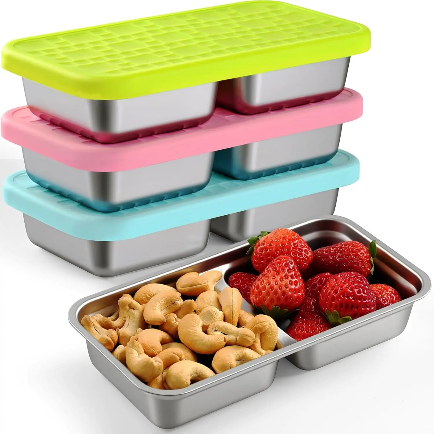 Stainless Steel Snack Containers, 3-Pack Double Compartment  Preservation Bento Box with  Leakproof , 15oz  Divided  Storage Containers for Lunch Prep, Travel, Camping