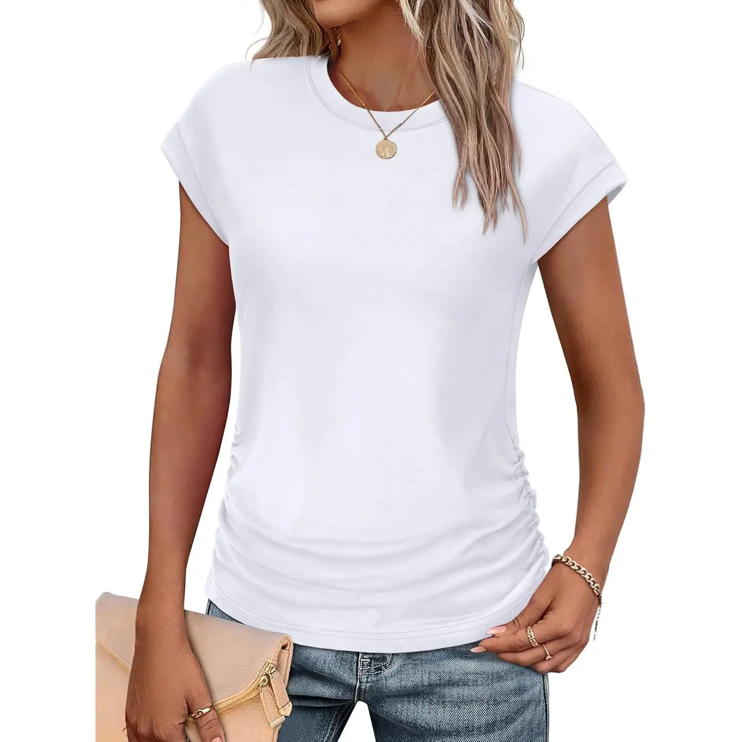 Women's Soft Ruched Side T-Shirt, Feminine Cap Sleeve Crewneck Top for Summer Casual Business Office Wear, Tshirts, Sleeve Shirt, Lady, Shortsleeve, Simple, Basic, Round Neck, Crew Neck, Short Sleeves