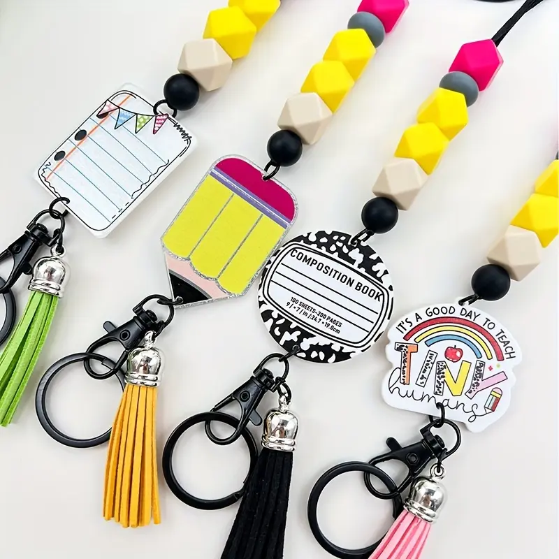 Teacher's ID Lanyard with Beads, Silica Gel-Acrylic ID Badge Holder Keychain, Attached Pen Charm & Tassel, Back-to-School Student Gift, Lanyard For Id Badge