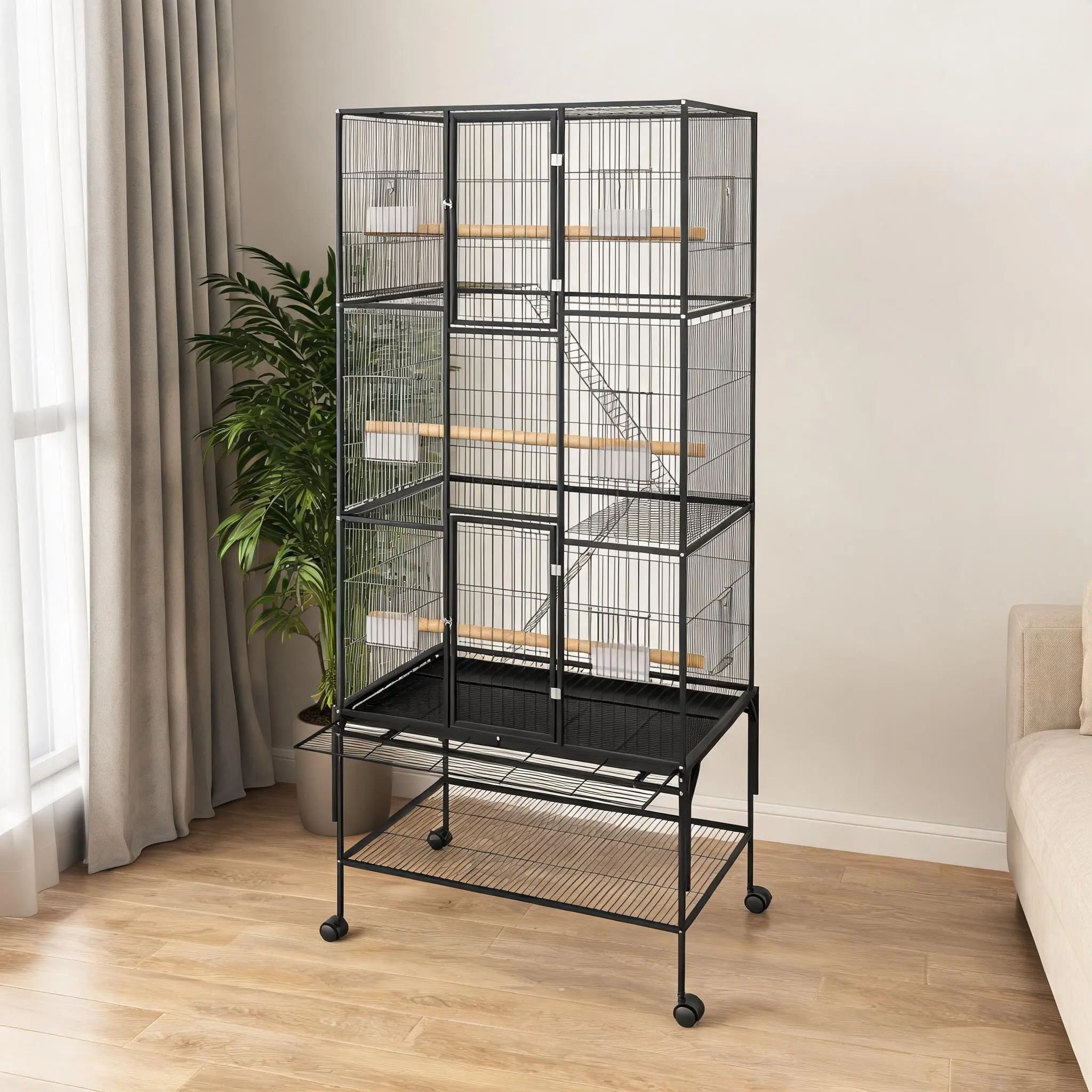 69" Extra Large Bird Cage – Spacious Flight Aviary with Rolling Stand & Storage Shelf, Slide-Out Tray, Rust-Resistant Metal for Parrots & Cockatiels