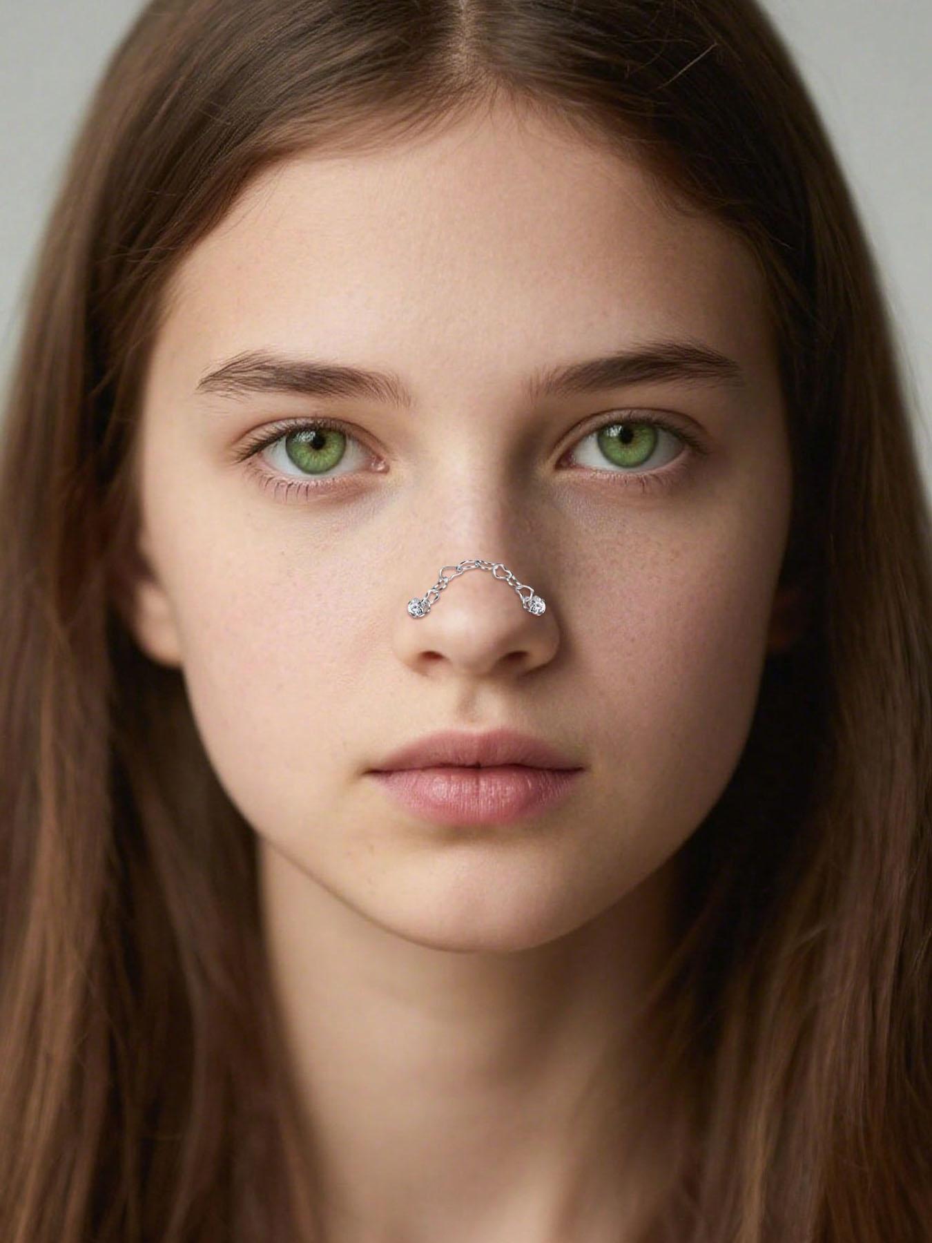 Fashion Stainless Steel Nose Ring with Chain, Cubic Zirconia Heart Design, Synthetic Zircon L-Shaped Piercing Jewelry