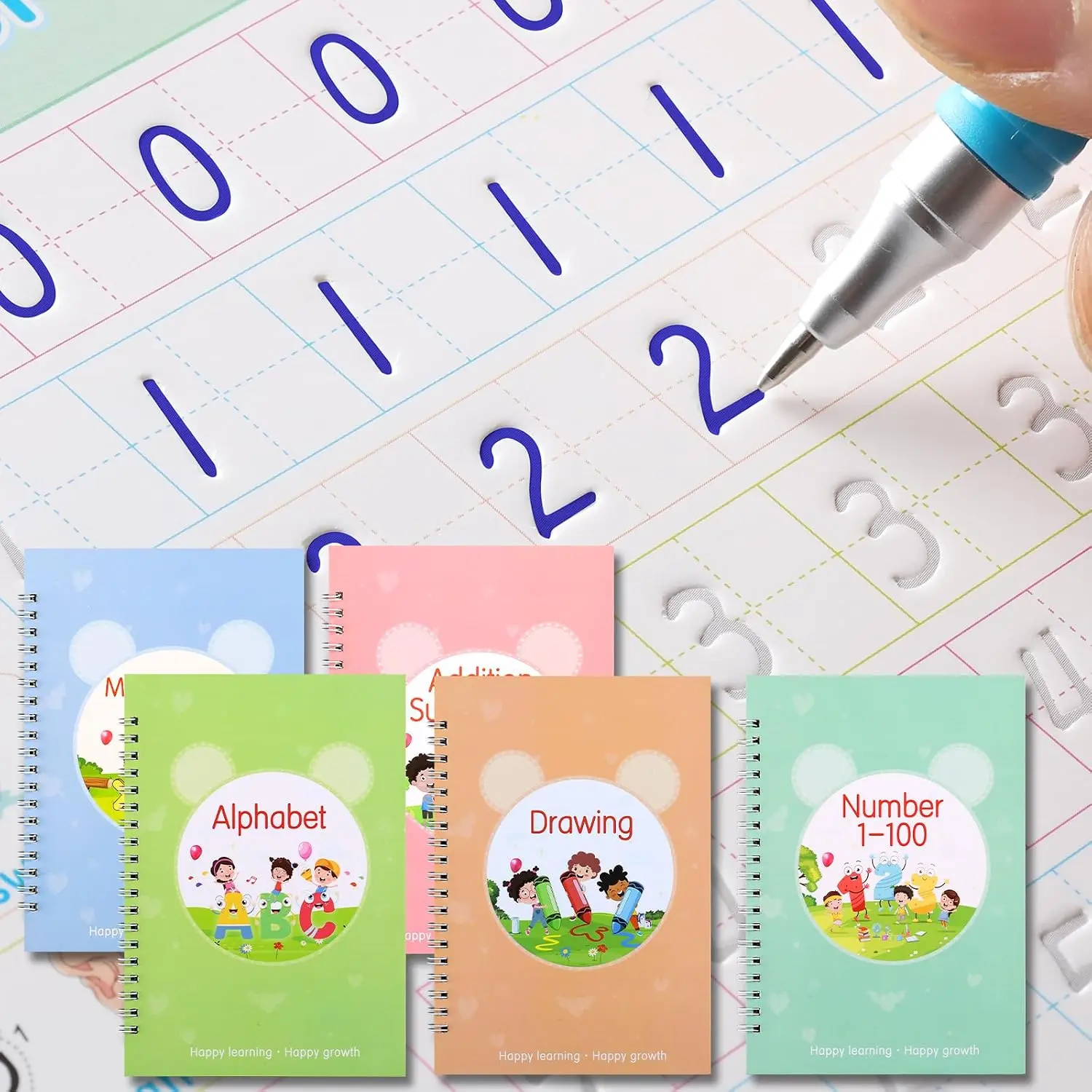 Grooved Magic Practice Copybook,  Writing Practice Book, for    3-8 ​Calligraphy (5 Books with 40 Pens) (Colorful)