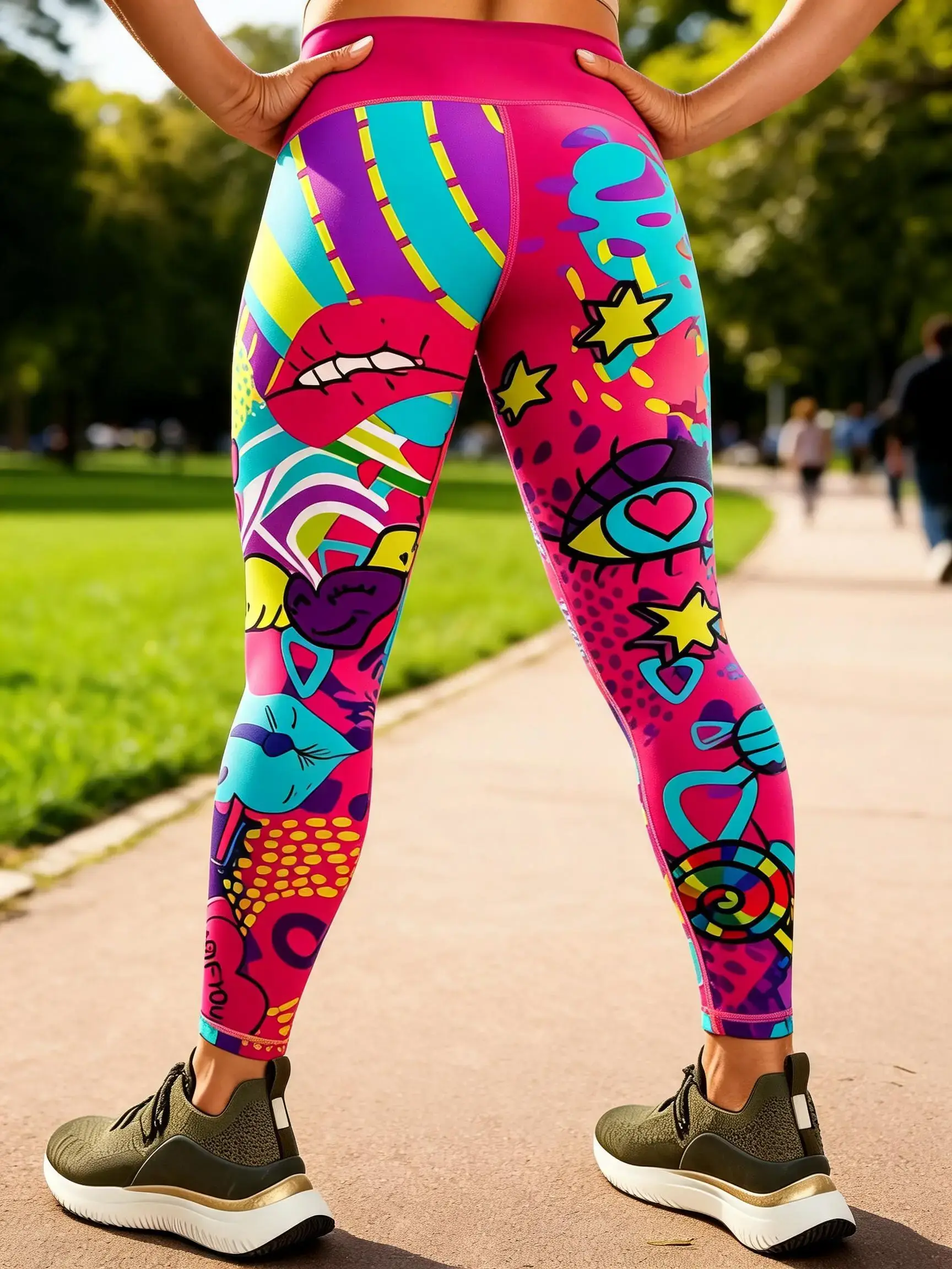 Colourful graffiti-print trousers featuring a cartoon bear, high-saturation, cute and vibrant women's trousers, Bottoms, perfect for parties, outings, travel and everyday wear, high-stretch, high-waisted, cool and breathable sports trousers leggings