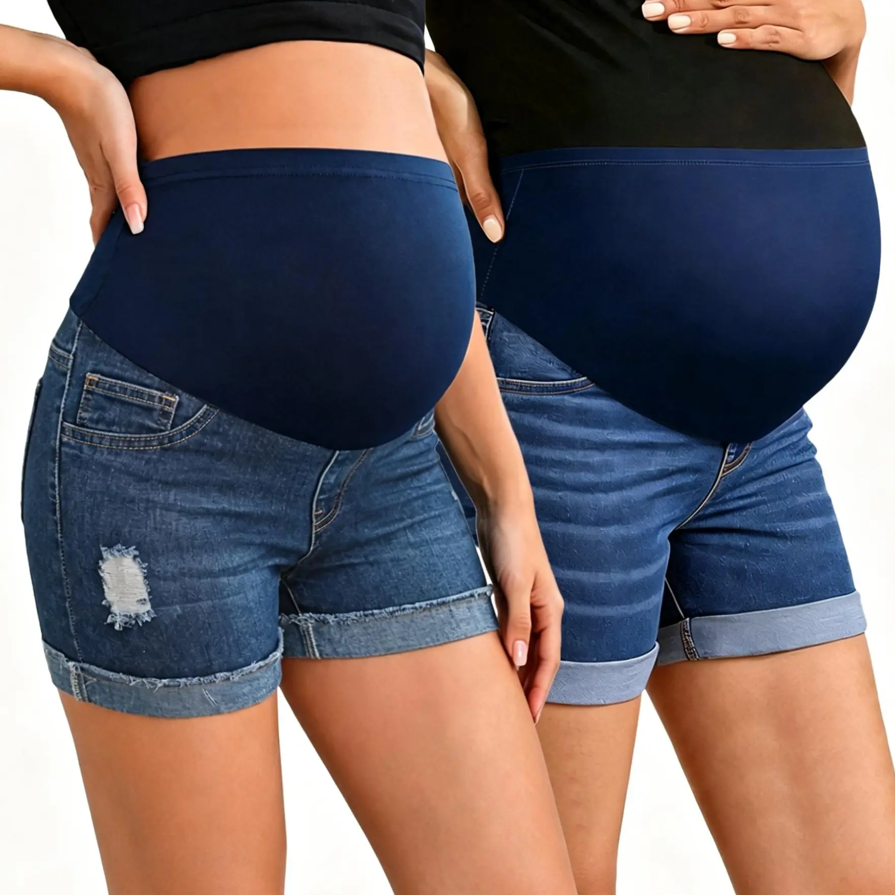 Women's 2-Pack Maternity Denim Shorts Set - Over Belly High Waist, Dark Blue Ripped & Non-Ripped, Soft Stretch Belly Support, Summer Casual Wear for All Trimesters  maternity fashion essentials summeressentials jumpsuit