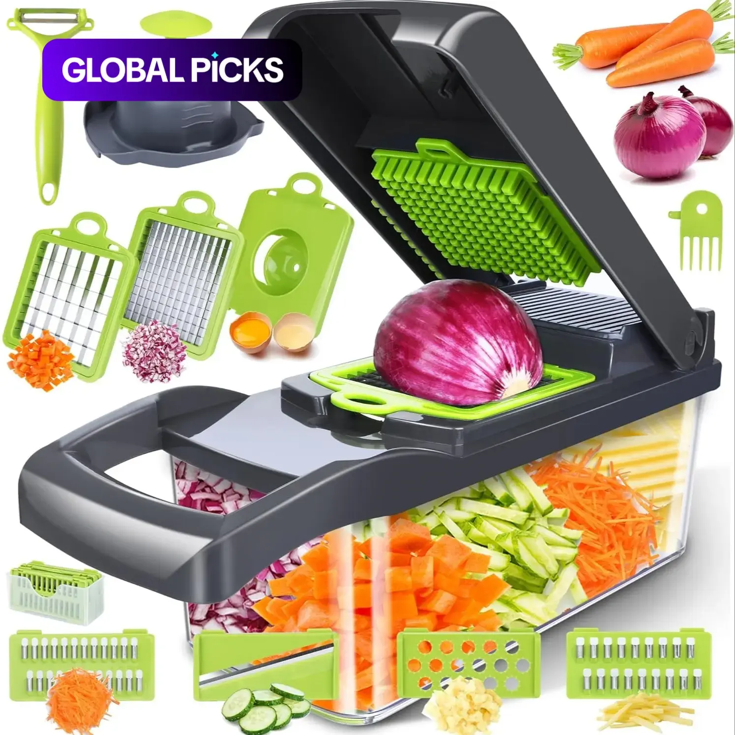 Vegetable Chopper, Multifunctional 16-in-1 Food Slicer Dicer, Kitchen Gadget, Veggie Chopper with Container, Cutting Slicer for Fruits & Vegetables