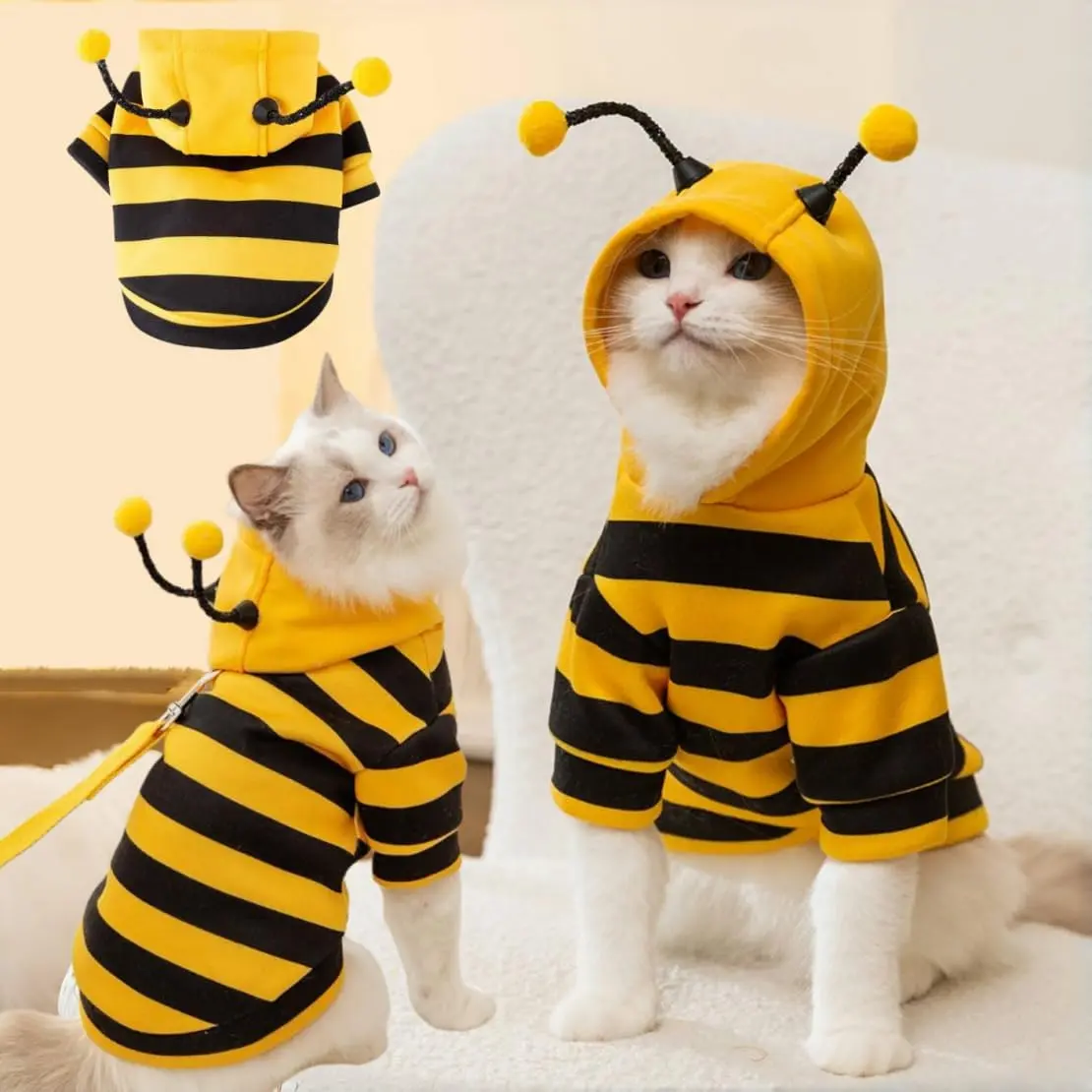 Cute Bee Stripes Cat Dog Kitten Puppy Pet Costume Hoodie with Antennae (Medium, Yellow&Black)