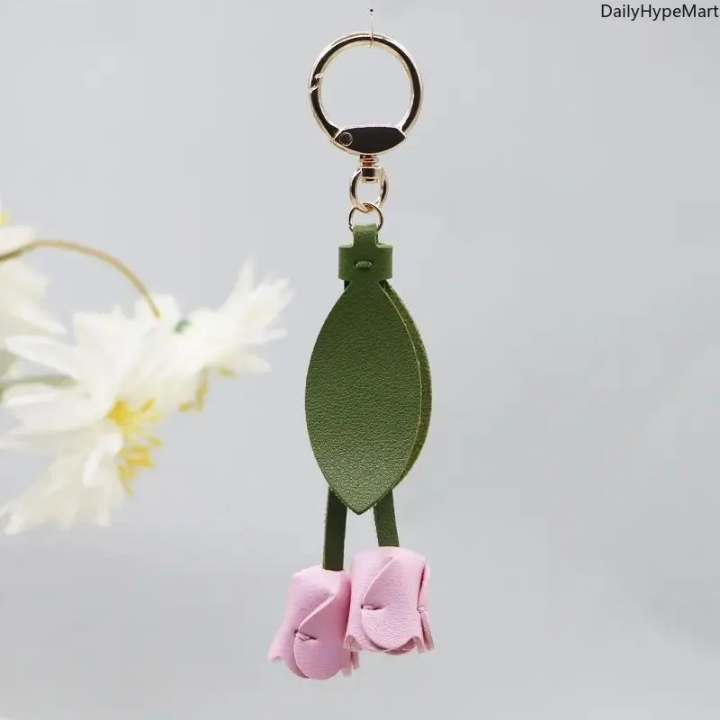 Korean Style Tulip Bag Charm and Keychain, Sweet PU Leather Flower Pendant for Car Keys and Backpack Decoration, Tulip Charm