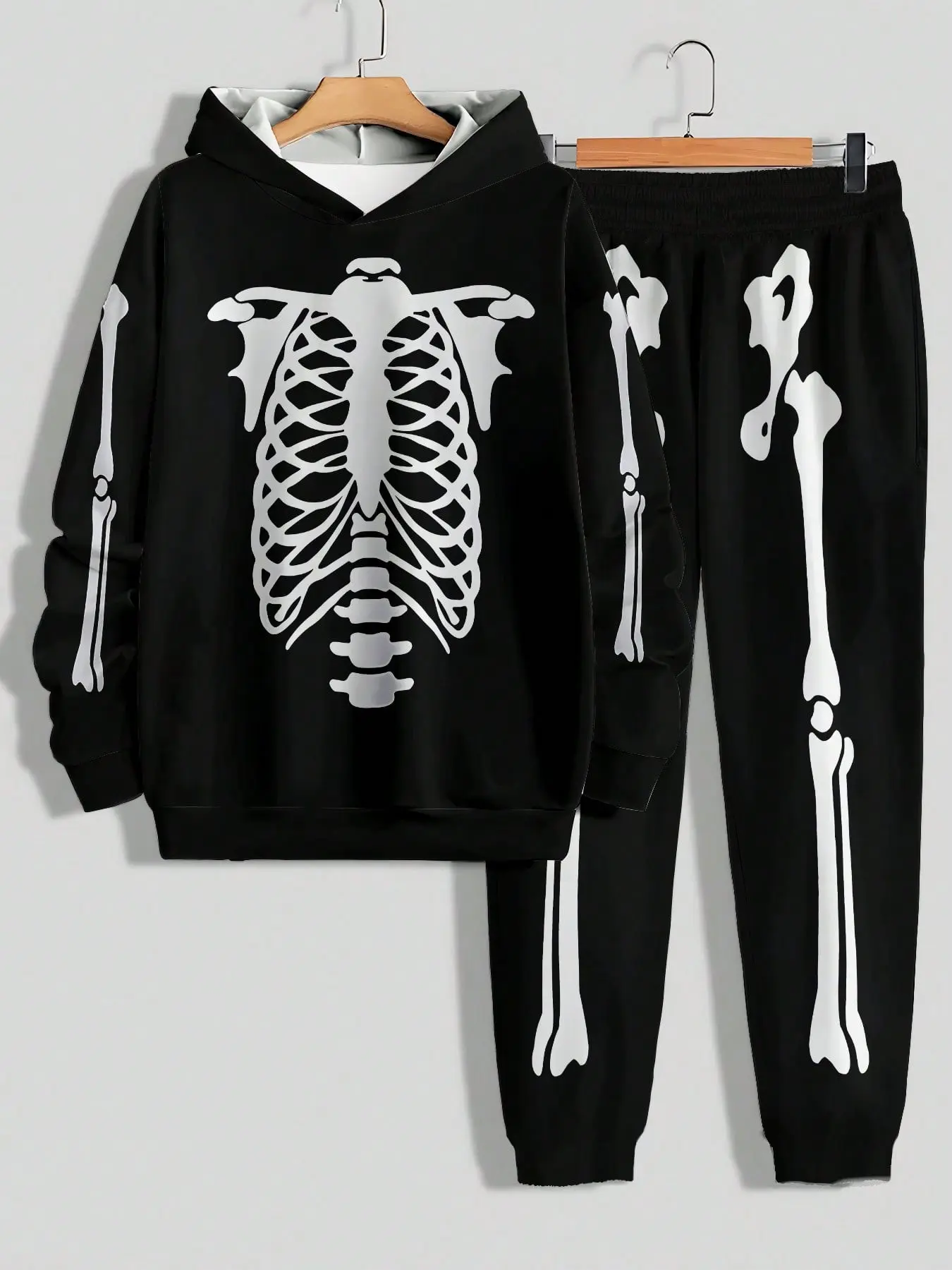 Dark Skull Hoodie and Pants Set, Loose Fit Streetwear, Casual Daily Wear, Campus Fashion, Two-Piece Ensemble