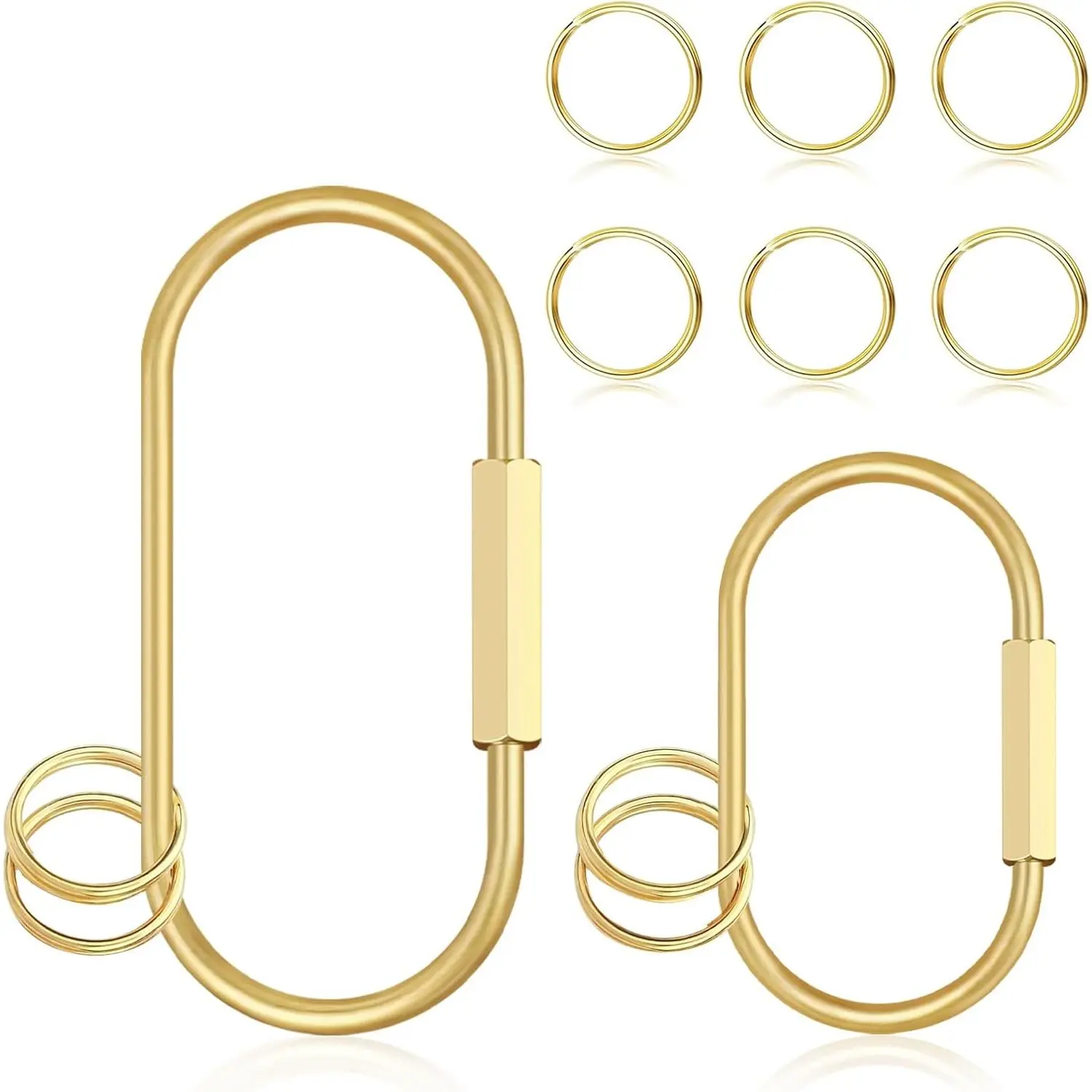 2-Count Solid Brass Carabiner Key Rings with 10 O-Rings - Carabiner Shape, Rotating Lock, Clip Closure for Purse Bag Charms (DIY Beading & Jewelry Making Supplies), Two Sizes