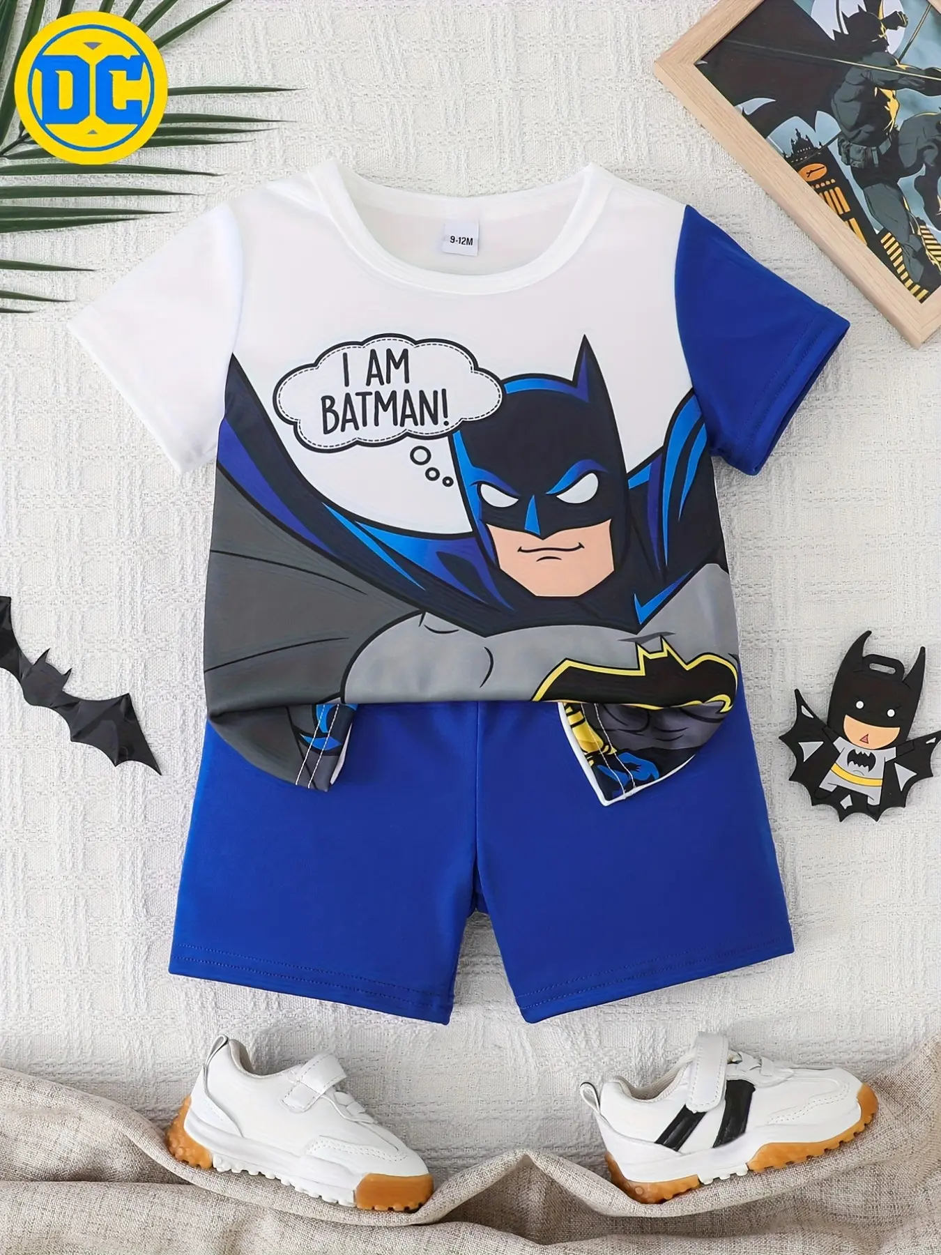 Official Warner Bros Batman Kids Summer Two-Piece Set, I Am Batman Short Sleeve T-Shirt + Navy Shorts, Boy Casual