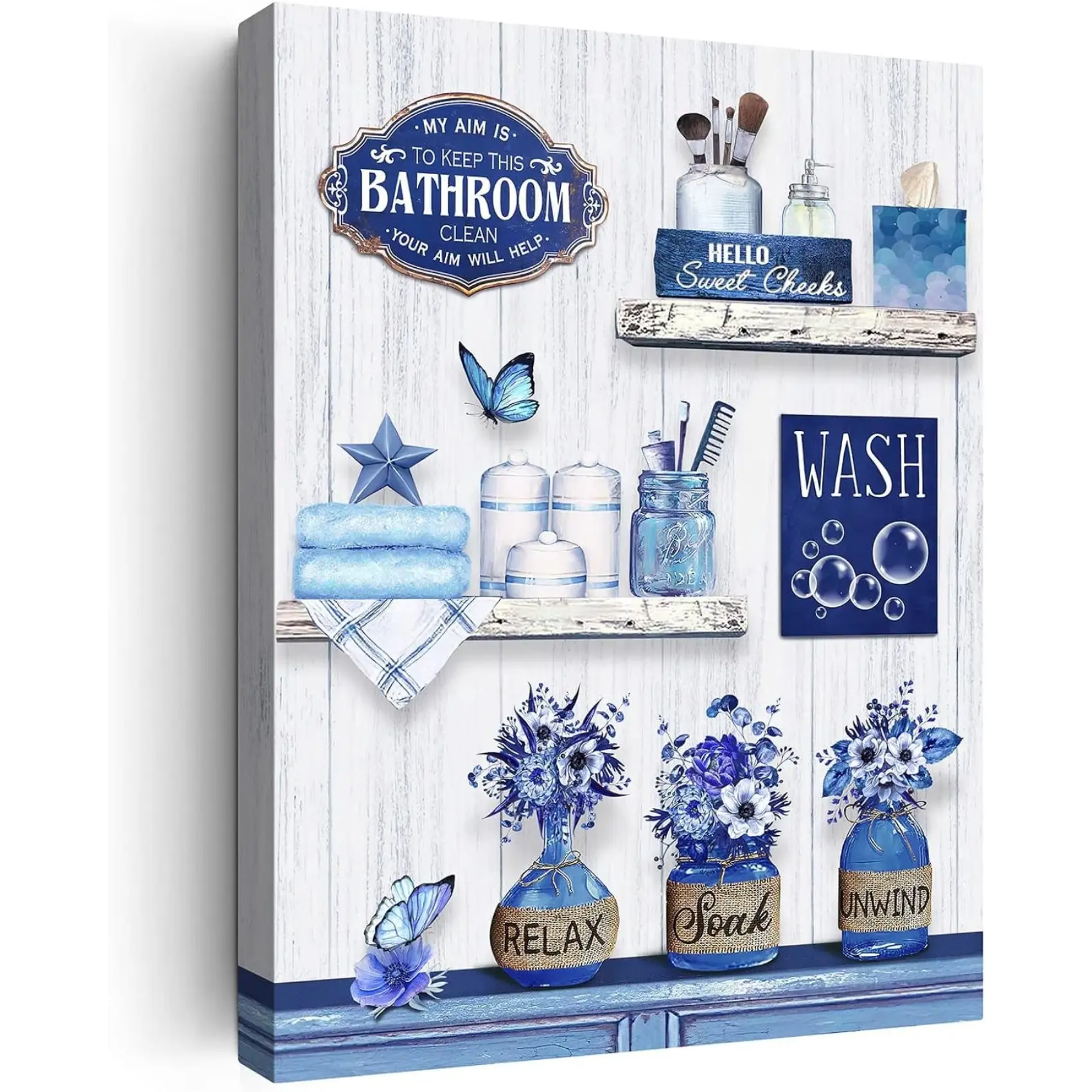 Farmhouse Bathroom Decor Wall Art Rustic Flower and Butterfly Bathroom Pictures Canvas Print Blue Country Bathroom Wall Decor Soak Relax Unwind Bathroom Wall Art Framed Ready To Hang 12"x16"