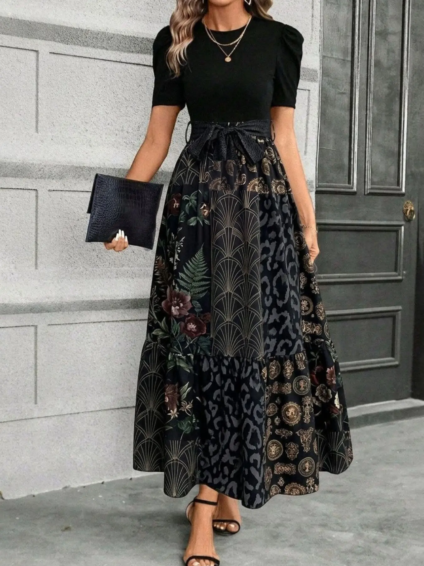 Bubble Sleeve Short Sleeve Colorblock Vintage Print Dress, Women's Loose Fit, Casual Fashion for Daily Outing & Social Events