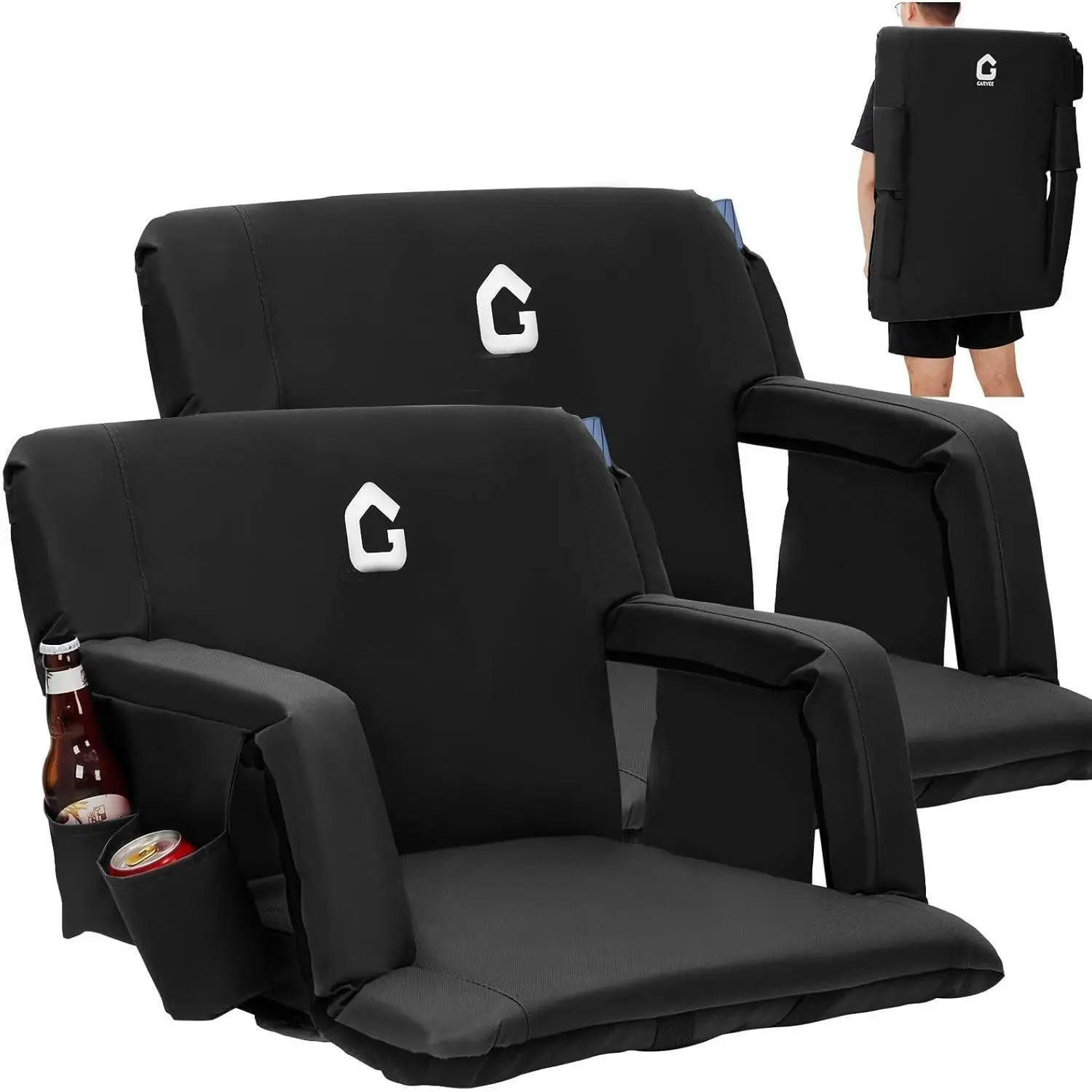 Iron Sports 2-Pack Adjustable Reclining Stadium Seats Set - 20.5" Wide Folding Bleacher Chairs with Back Support, Armrests, Cushioned Padding, Cup Holders, Large Storage Pockets, Lightweight Convenience Design, Portable,camping essentials, Outdoor