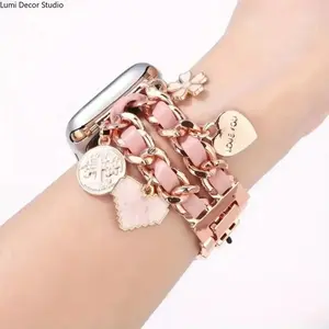 Women's Watch Band, Double Row Chain Bracelet in Alloy and Leather with Adjustable Magnetic Clasp, Compatible with 38mm-49mm Smartwatches