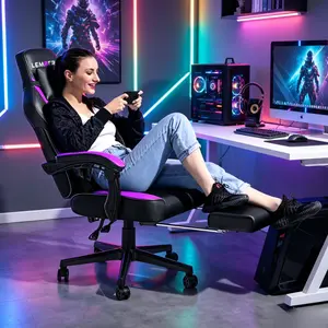 Purple Big & Tall Massage Gaming Chair, Ergonomic High Back Computer Office Chair with Retractable Footrest & Built-In Lumbar Massage Support, Wide Seat Heavy Duty Reclining Racing Chair for Long Gaming & Work Hours