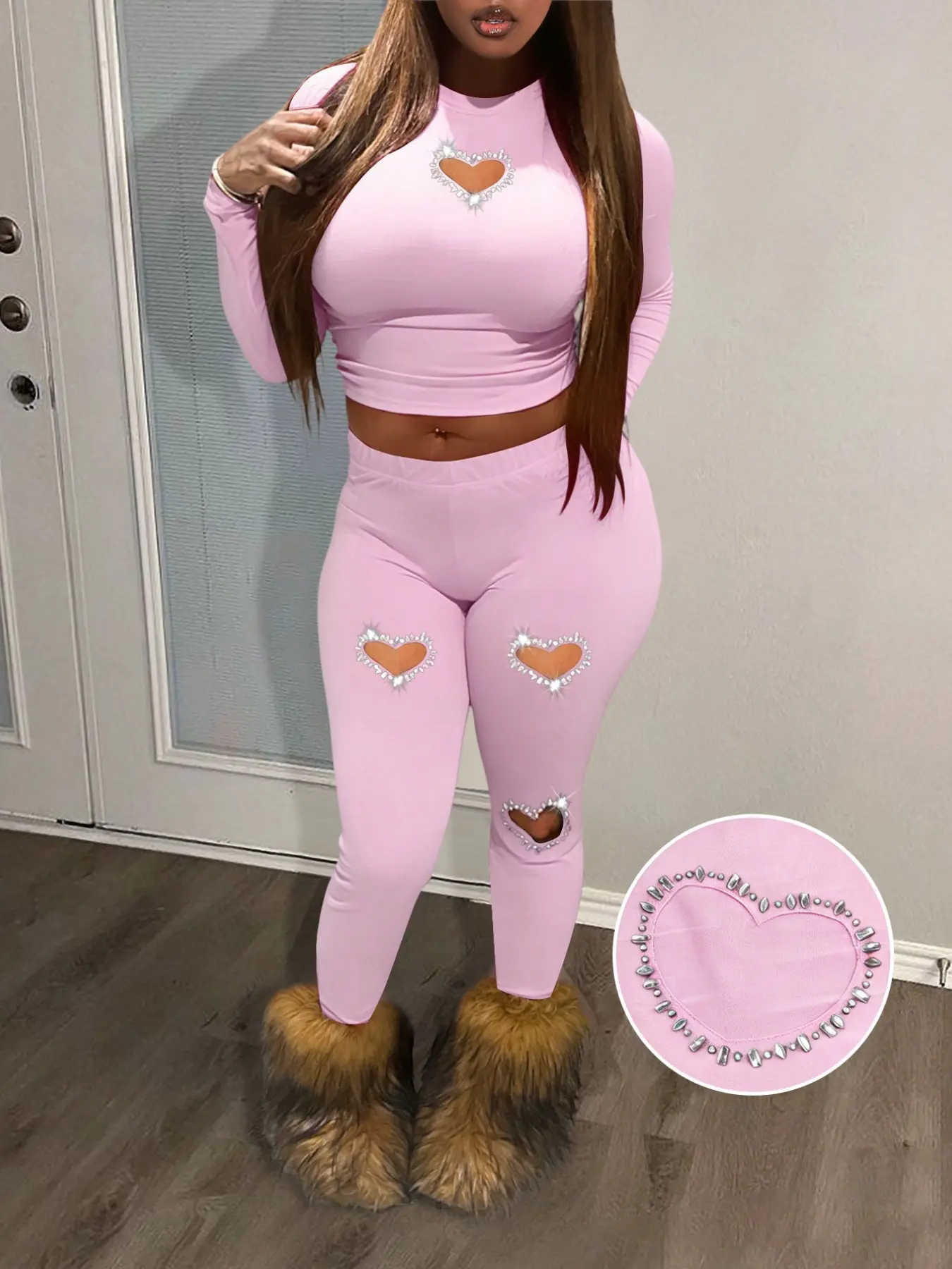 Women's Casual Hearts Pattern Long Sleeve Tee and Pants Set, Slim-Fitting Crop Top and Regular-Length Pants, Spring & Fall Fashion, Clothes