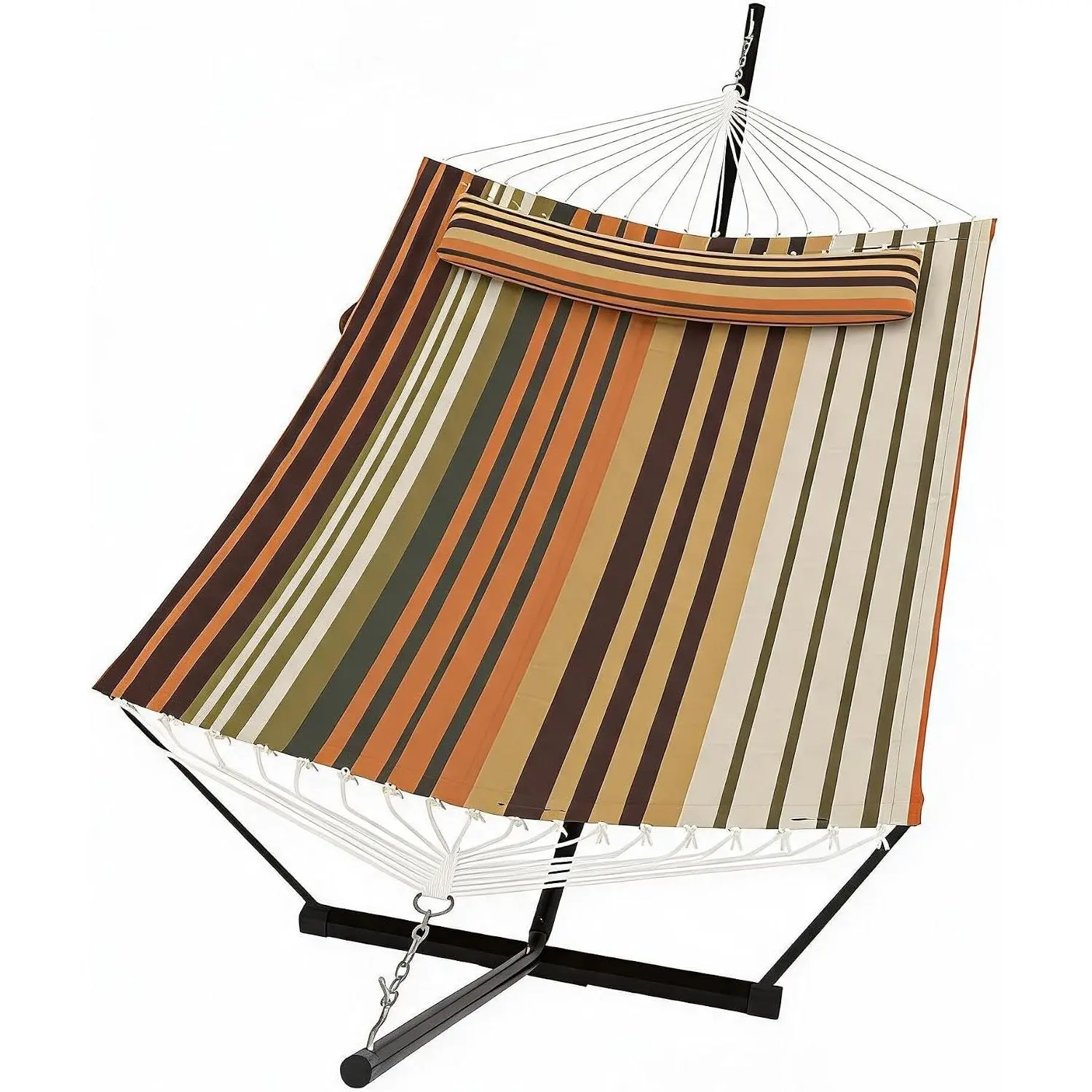 【GARVEE】Double Hammock with Stand for Two People – Outdoor Heavy Duty Freestanding Hammock with Pillow and Balance Rope – 450 Lbs Capacity, Easy Assembly – Ideal for Patio and Poolside Relaxation – Coffee Stripe Color