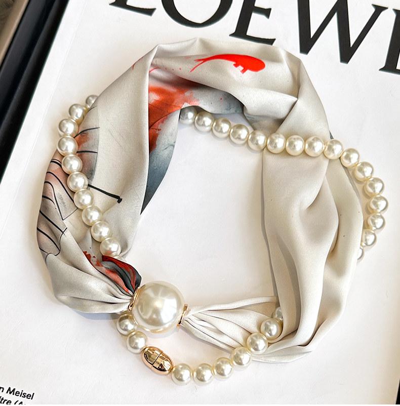 Boho Pearl Chain Scarf Necklace, Black White Rose Print Silk Scarf, Unique Neck Jewelry for Women Gift for Her Boho Pearl Chain Scarf Necklace, Black White Rose Print Silk Scarf, Unique Neck Jewelry for Women Gift for Her