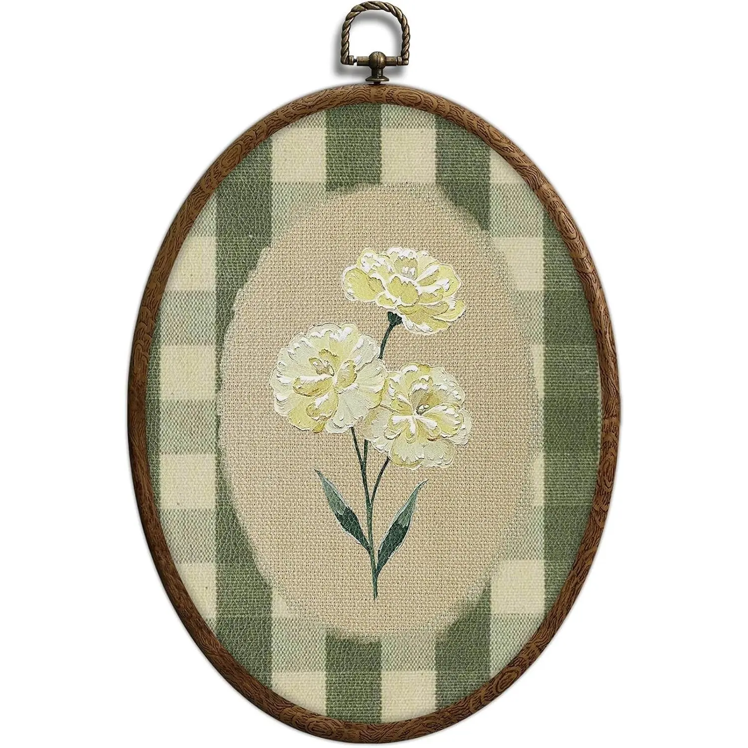 Floral Oval Wall Art, Green Gingham Cottage Decor, Retro Botanical Grandma Core Home Decor for Western Farmhouse Bedroom Living Room, 7x10 InchesGift