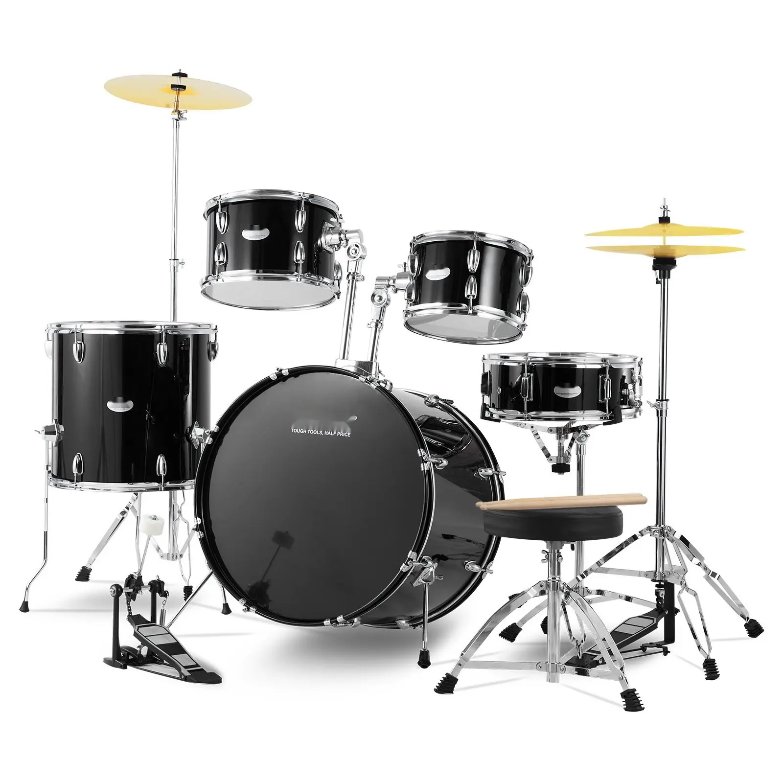 Adult 5-Piece Drum Set, 22-Inch Full-Size Drum Kit with Bass Drum, Toms, Snare, Floor Tom, Adjustable Throne, Cymbals, Hi-Hat, Pedal, Stands, Drumsticks, Beginner Friendly Black, Includes Drumsticks
