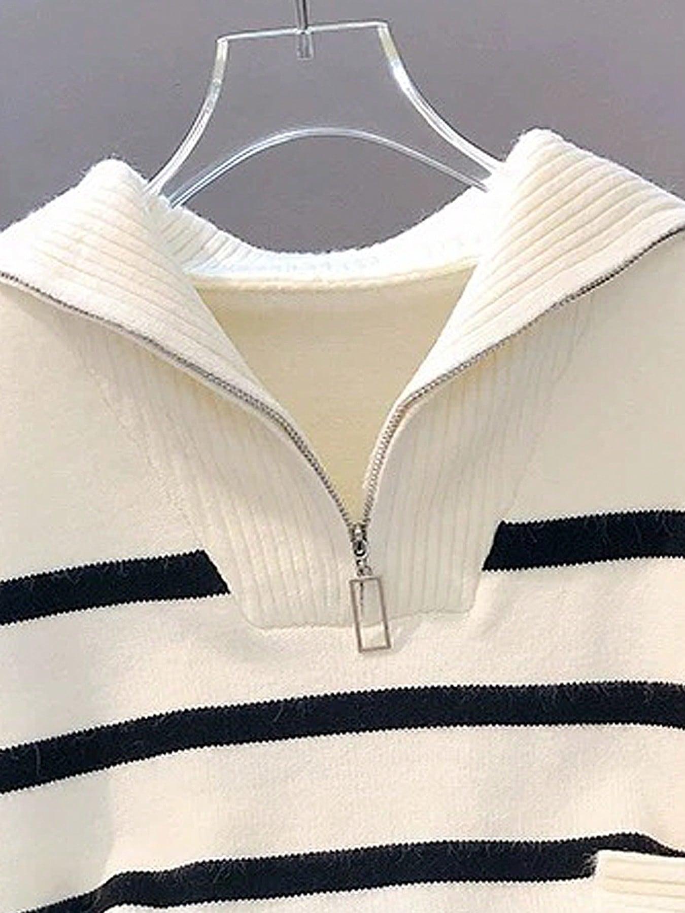 Women's Striped-Print Drop-Shoulder Sweater with Half-Zipper, Casual Long-Sleeve Collared Jumper for Daily Outdoor Wear, Knitwear for Fall & Winter, National Day Outfit
