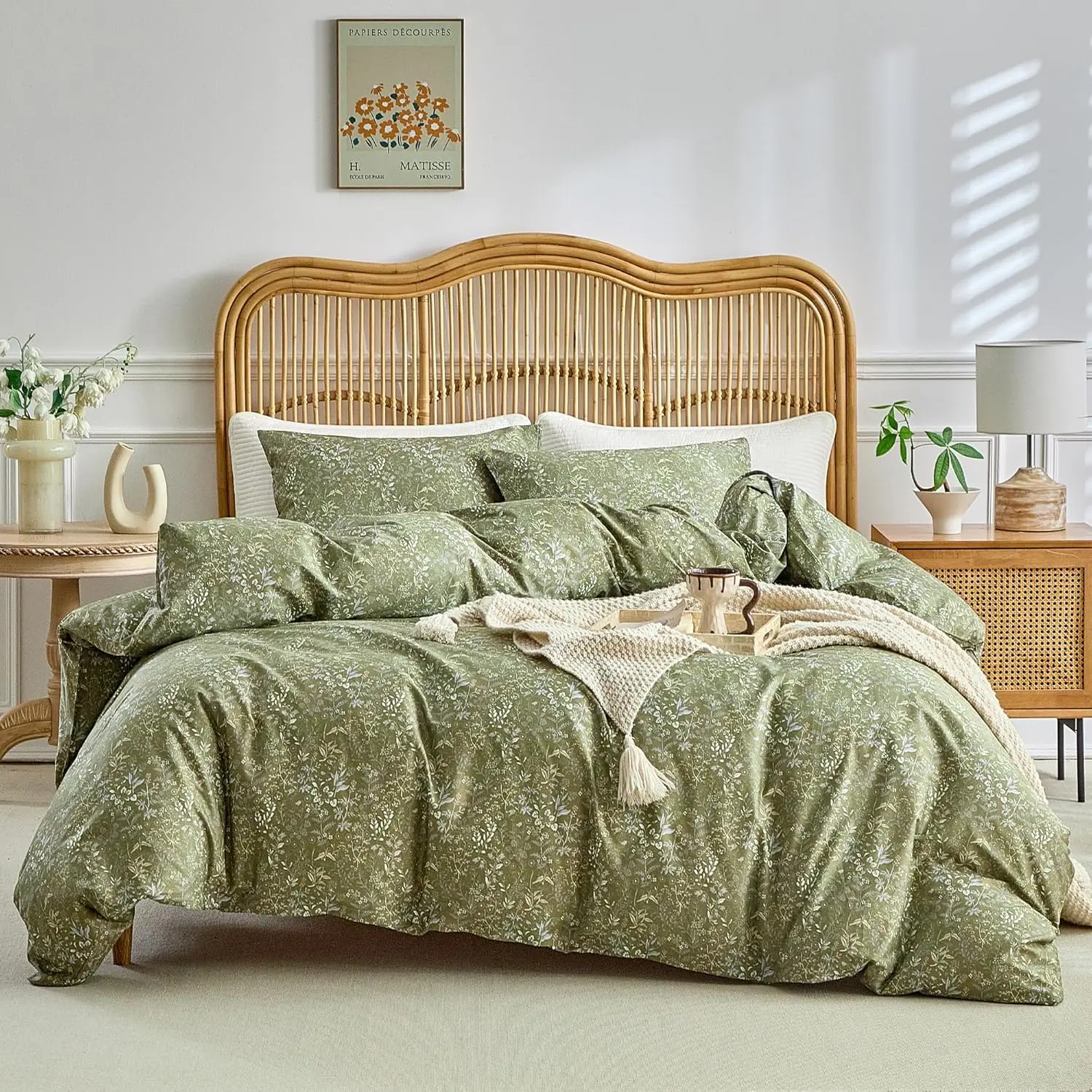 Army Green Comforter Set, Washable for Bedroom, Twin XL Boho Floral Quilted Comforter Set for Girls, Men's Warm Bedding Set for All, 68''x90''