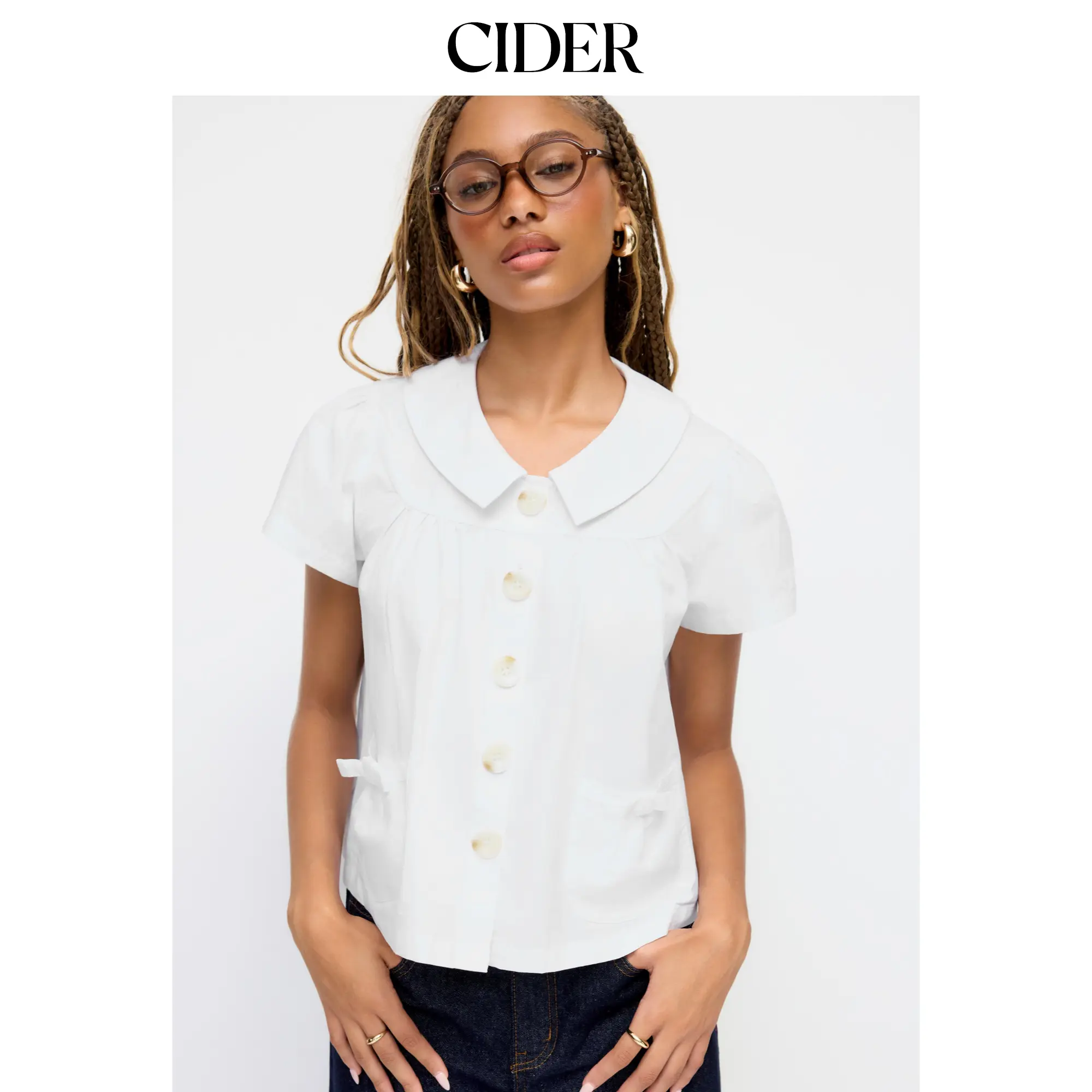 Cider Peter Pan Collar Bowknot Pocket Button Oversized Blouse SummerWins SummerFinds