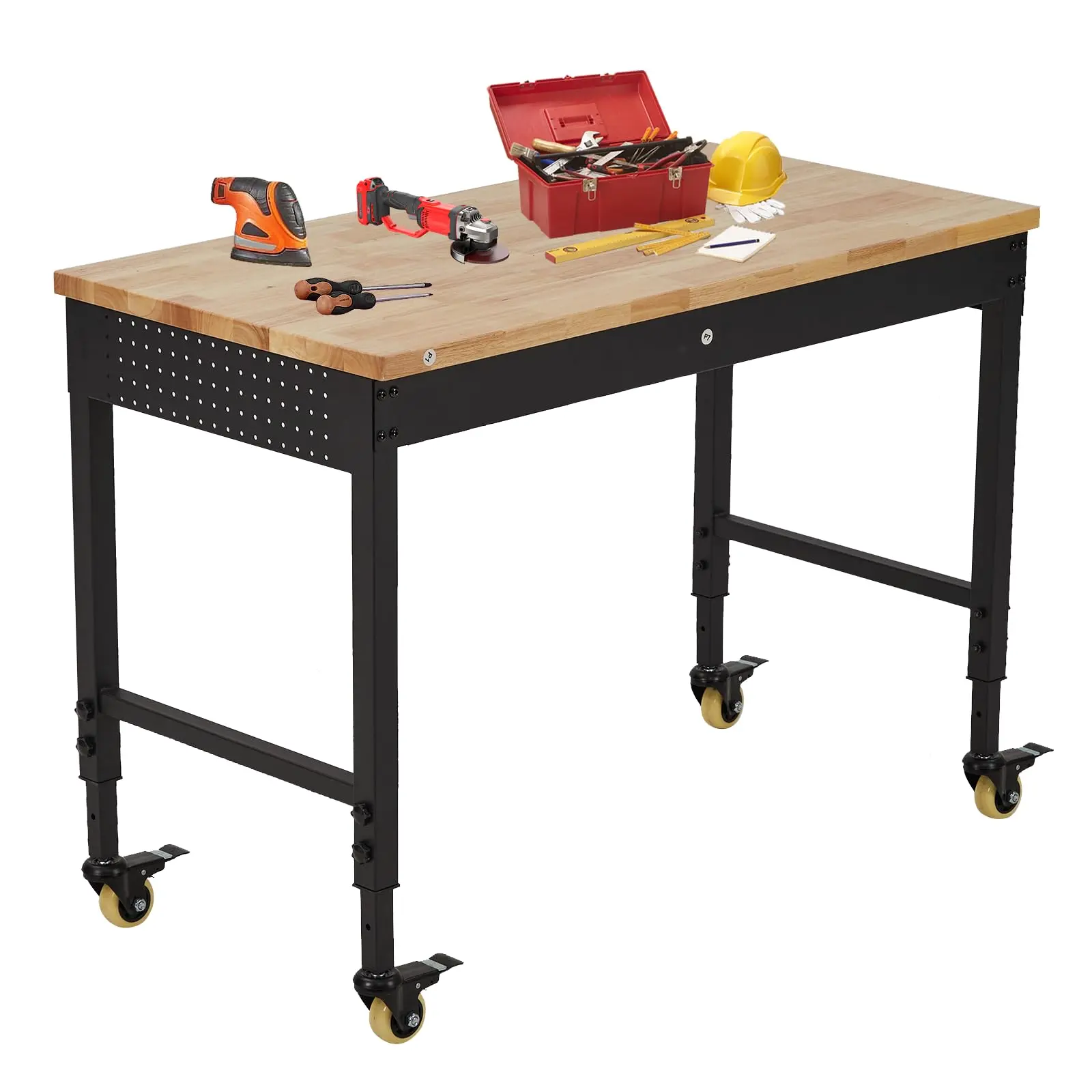 【Garvee】48x24 Inch Heavy Duty Workbench with Power Outlets & Drawer – 2000 lbs Capacity, Adjustable Height, Locking Wheels – for Garage Workshop – Black & Brown