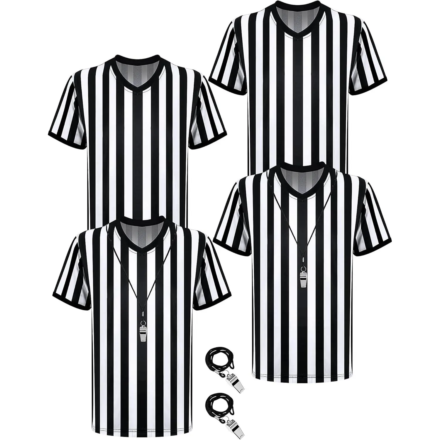 4 Sets White and Black Soccer Referee Stripe Shirt with Whistle Official Referee Costume Shirt Football Umpire Jersey Halloween Costume for Adult