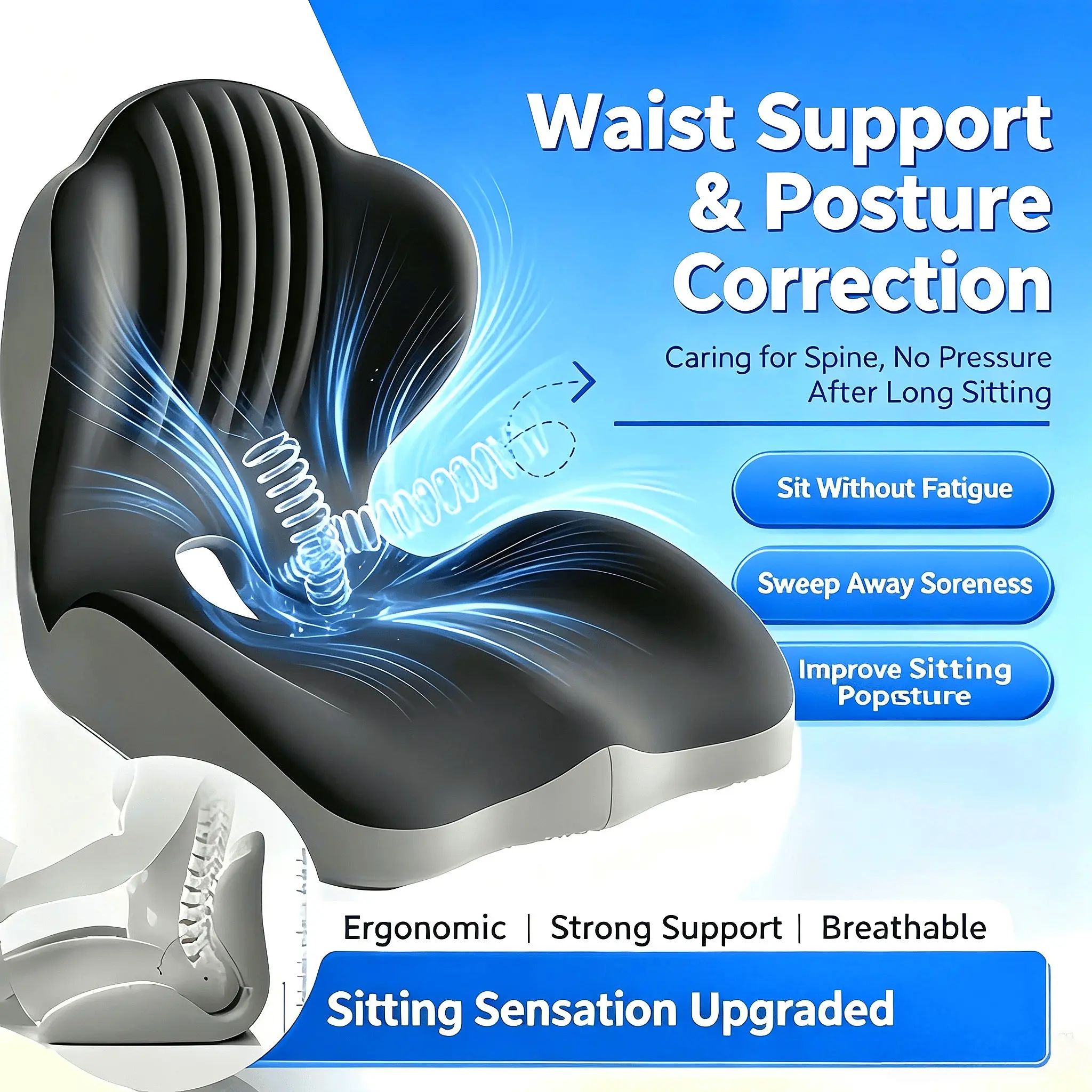 【2027 New Model - Memory Foam One-Piece Seat Cushion】 Ergonomic Design, Raised Backrest, Hollow Breathable, Adjustable Lumbar Support Pillow for Office Chairs, Cars, Gaming, and Long Sitting Comfort