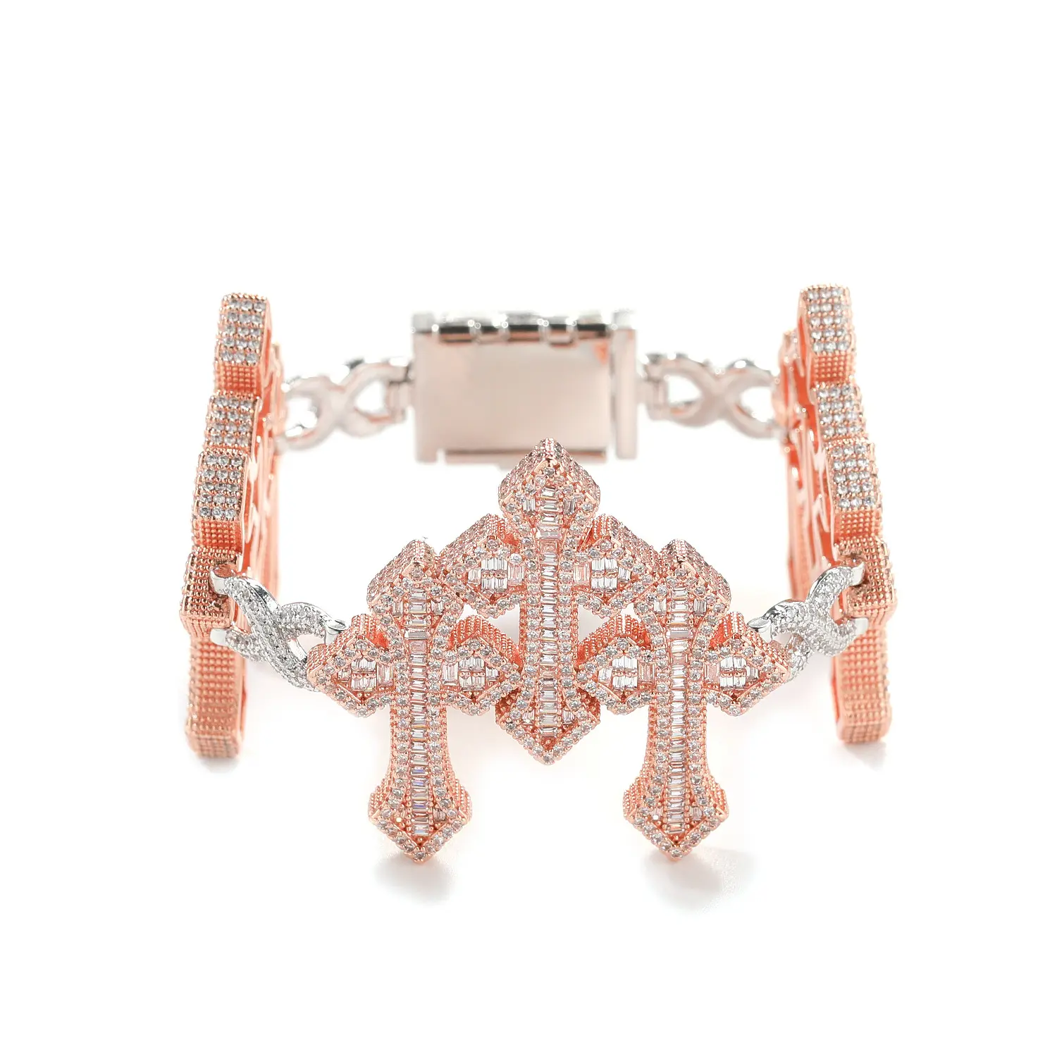 Loveden Iced‑Out Triple‑Cross Infinity Link Bracelet, Two‑Tone Paved CZ Zircon Bling Wrist Chain, Hip‑Hop Street‑wear Unisex Statement Jewelry, Suitable for Club, Party & Daily Outfits, 3‑Color Options