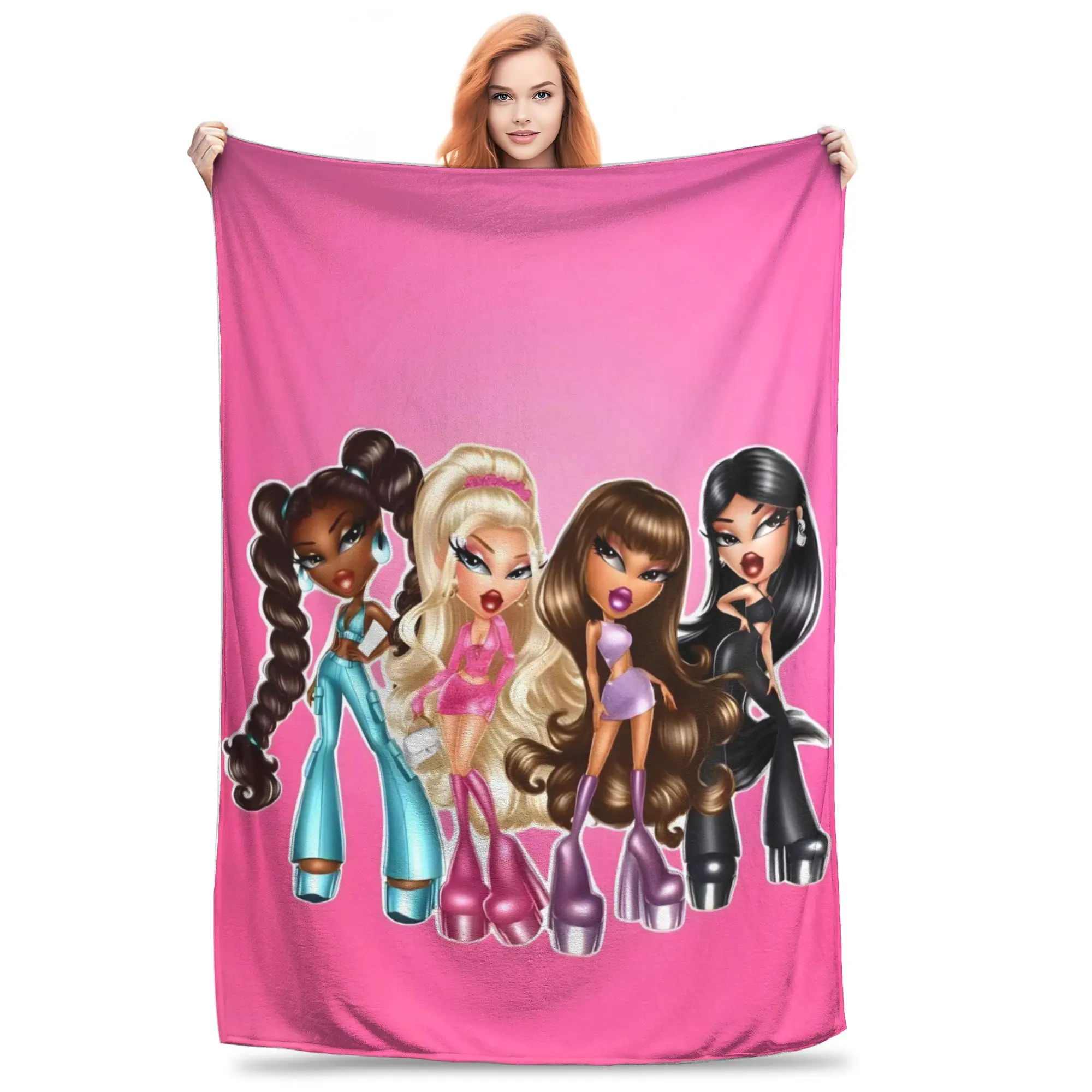 Bratz Four Girls Pink Background Fashion Cartoon Throw Blanket, B-BRATZ Soft Throw Blanket for Home, Bedroom, Sofa, Picnic, Travel, Office, And Resting