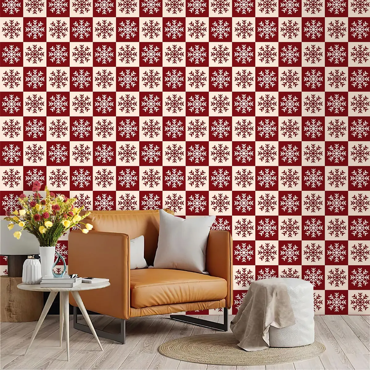Christmas Style Checkered Snowflake Wallpaper, PVC Material, Self-Adhesive, Moisture-Proof, for Living Room, Kitchen, Bedroom