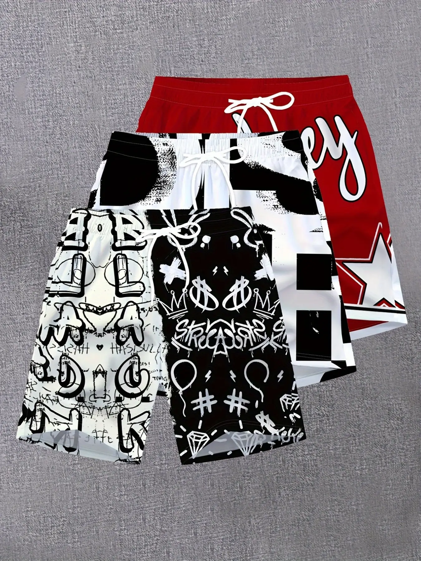 Men's Vintage Hip-Hop Font Casual Shorts Set, Base Five-Star Slogan Splatter Print Beach Pants, 3 Pcs Summer
