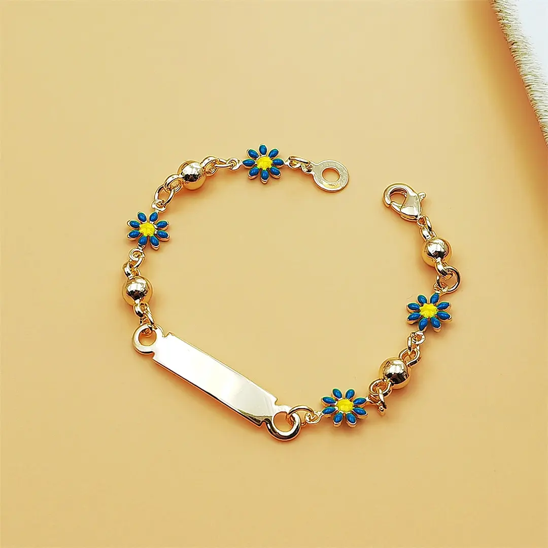 18K Gold Plated Enamel Daisy Beaded Bracelet Blank Engravable Bar Sunflower Wrist Jewelry For Women Girls Length 15cm