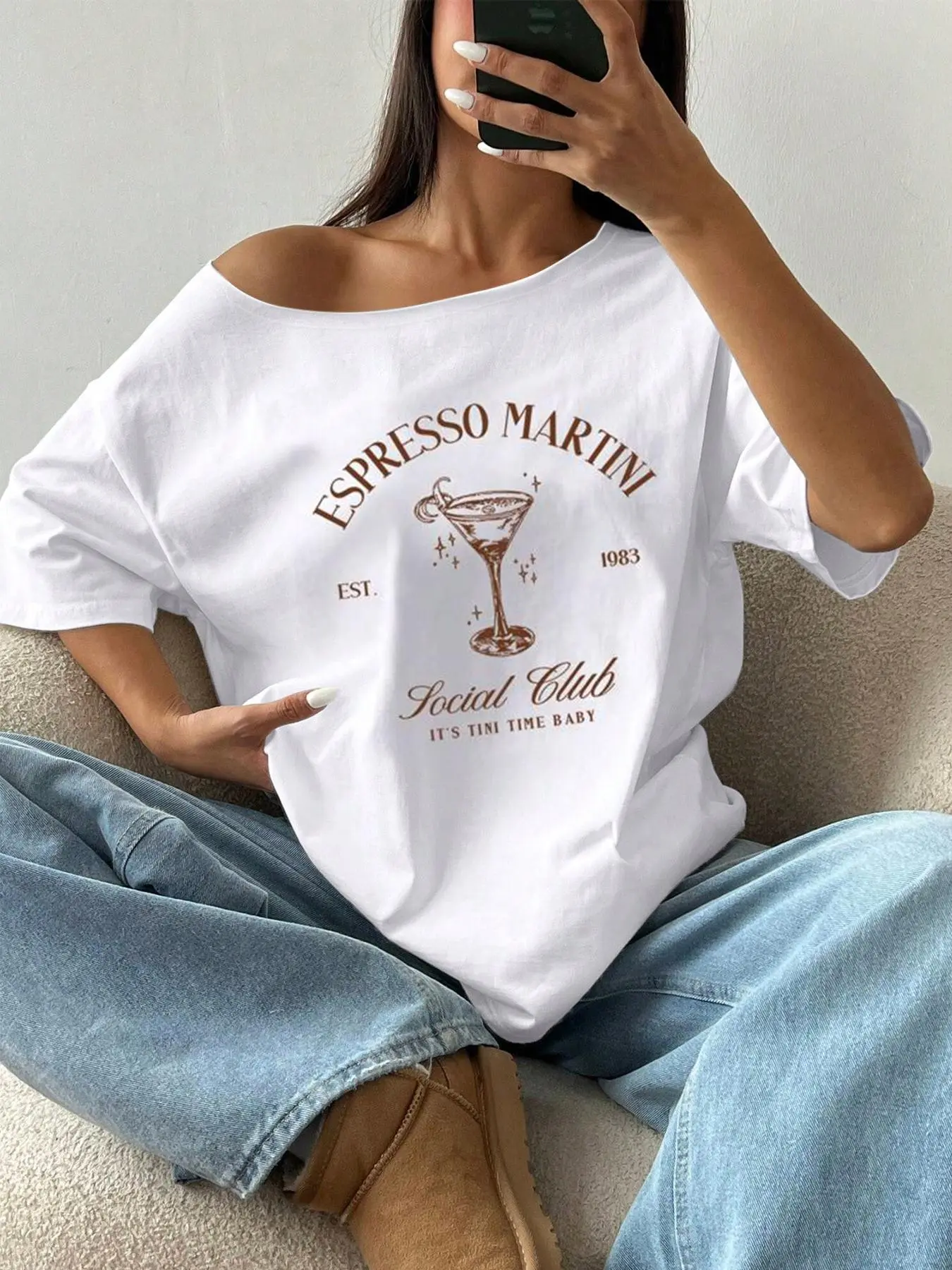 Women's Summer Short Sleeve Asymmetrical Shoulder Top, Casual Loose Tee, Comfortable Espresso Martini Print T-Shirt, Essential Wardrobe Piece