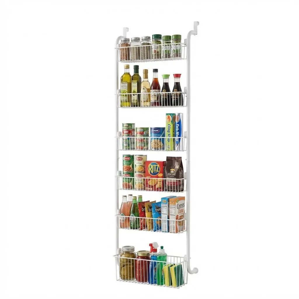Generic Brand Over-the-Door 6-Tier Kitchen Pantry Organizer, Heavy-Duty Carbon Steel Storage Rack with Adjustable Baskets, Pantry Storage Solution for Household Users’ Cans & Laundry Supplies