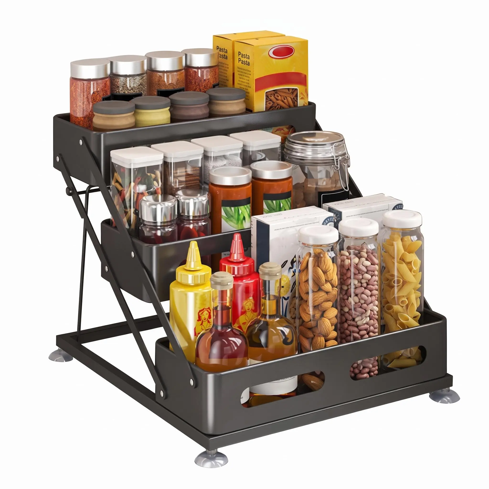 Space-Saving 3-Tier Adjustable Spice Rack Organizer - Collapsible Carbon Steel Stand with Non-Slip Feet & Suction Cups - Sturdy Freestanding Shelf for Cabinet, Countertop, Pantry - Holds Spice Jars & Bottles