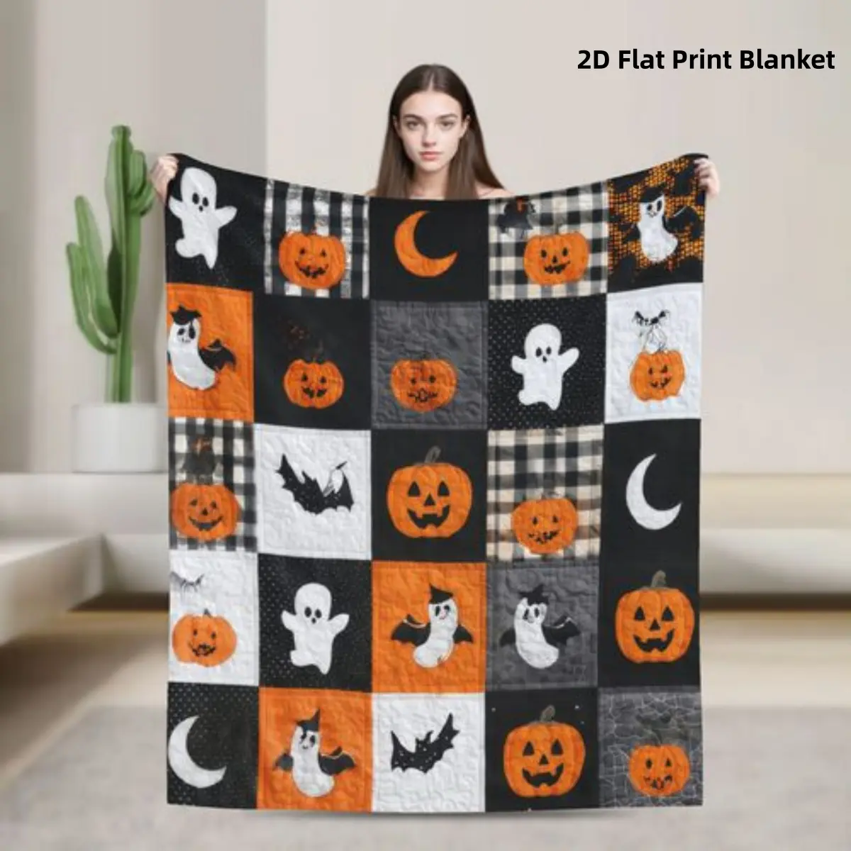 【Blanket】Halloween2D Flat Print Ghost Pumpkin Buffalo Plaid  Blanket, Bat Moon Vintage Grid Throw Blanket, Soft Plush Warm Blanket for Couch Bedroom, Cozy Comfy Nap Blanket, Perfect Giftable Decorative Blanket for Halloween All Seasons