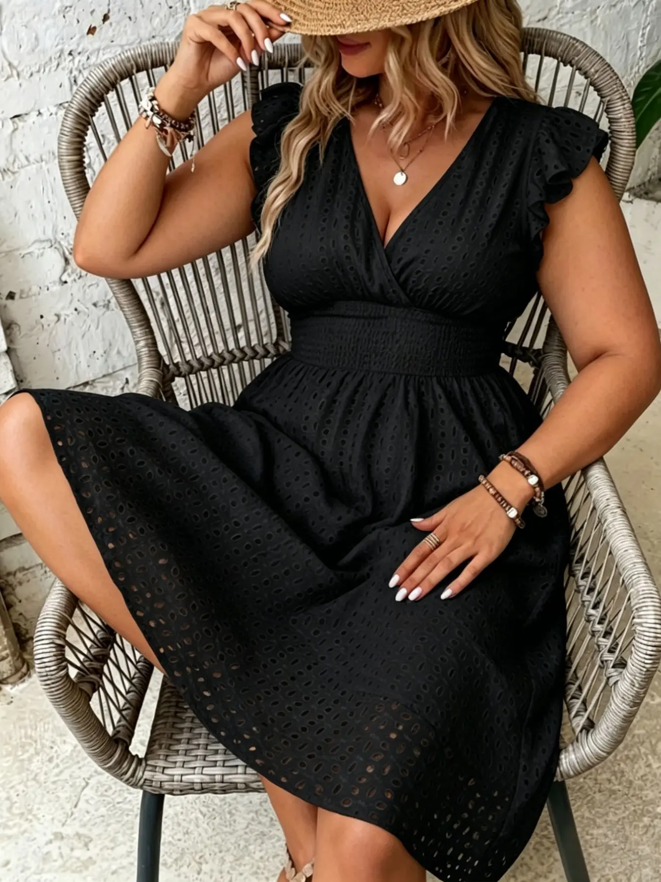 Women's Summer Leaf Sleeve Dress, V Neck Hollow Out Embroidered Midi Dress, Elegant Floral Pattern, Perfect for Daily Wear, Dresses with Sleeves, Casual