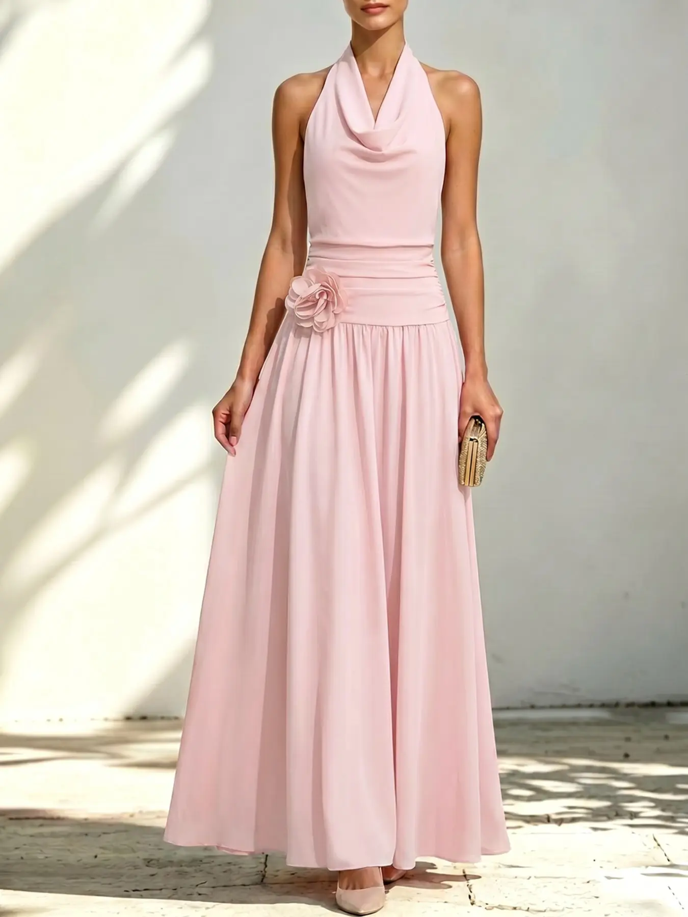 Nude Halter Cowl Neck Floral Maxi Dress, Elegant Flowy Long Gown for Women, Perfect for Weddings and Formal Events, Soft and Luxurious Style, Elegance