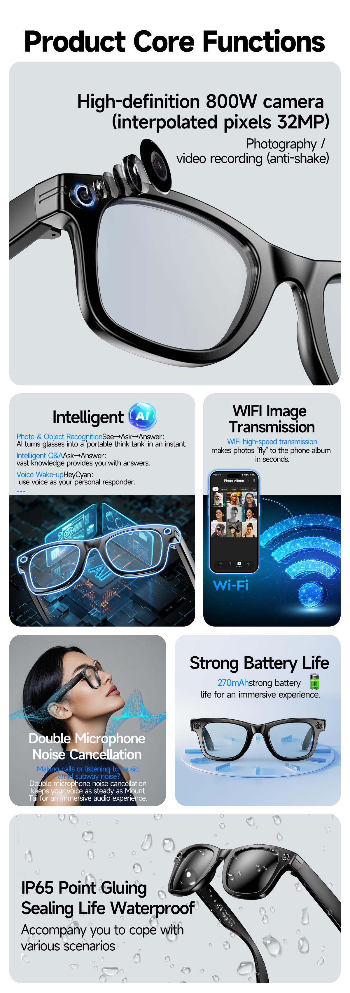 2026 New Upgrade Smart glasses  Bluetooth Camera Sunglasses with Voice Assistant Video Recording AI Photo Recognition  Call Translation   Men Women
