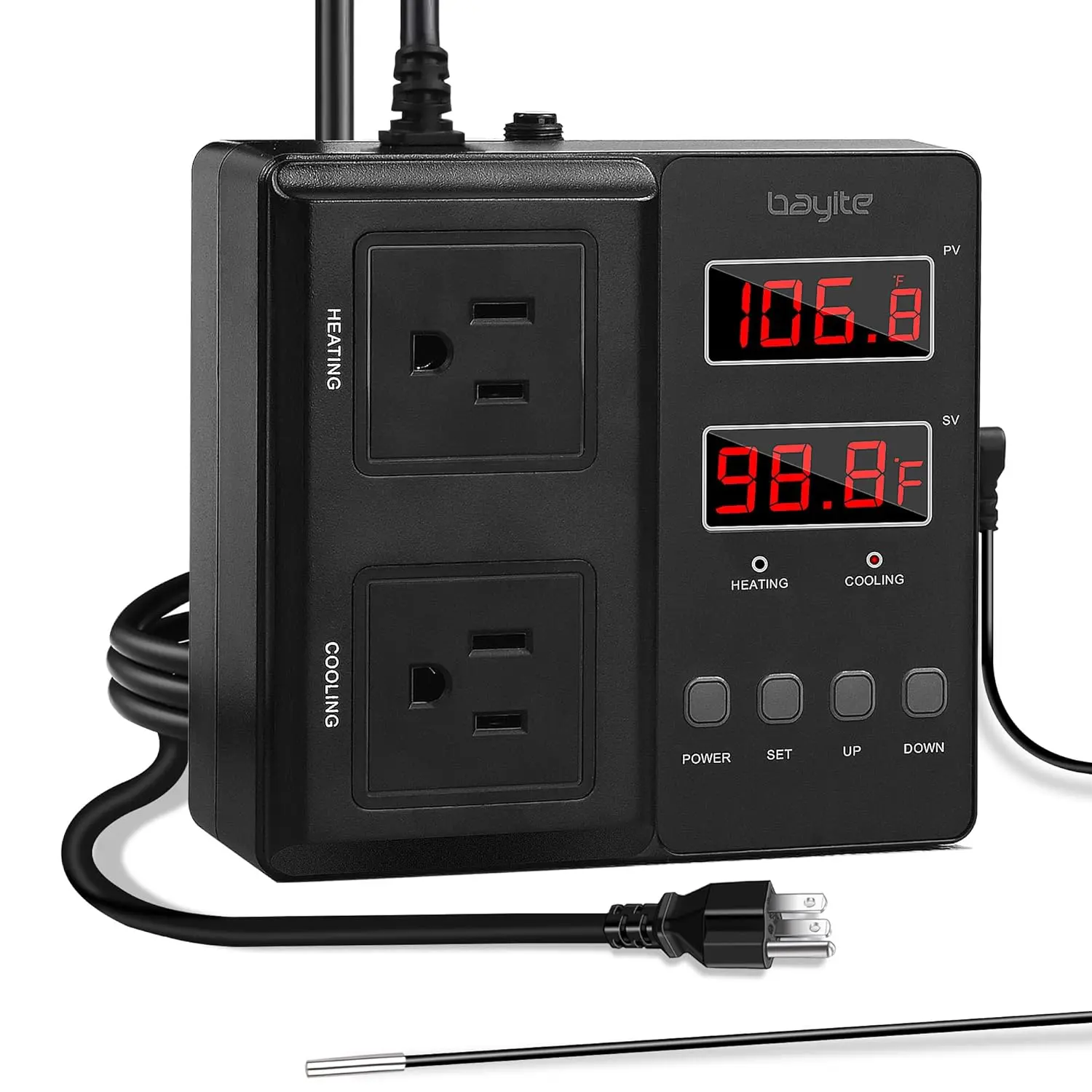 1650W 15A BTC211 Dual Digital Outlet Thermostat Plug Temperature Controller Pre-Wired 2 Stage Heating and Cooling Mode 110V-240V for Fermentation BBQ Reptile Aquarium