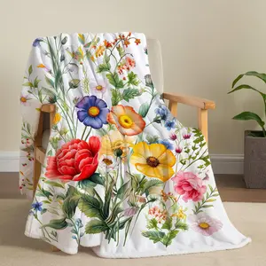 Floral Vintage Flowers Butterfly Wildflowers Soft Cozy Flannel Fleece Throw Blanket Colorful Daisy Plants Blanket for Couch Sofa Bed, 60"×80"