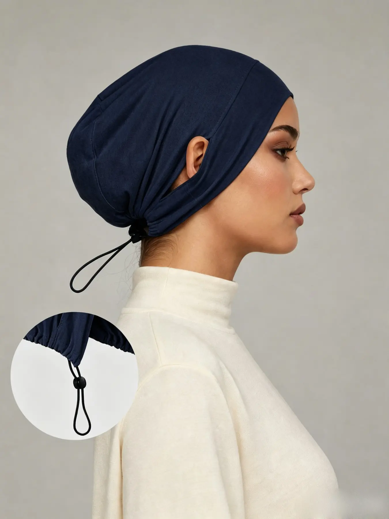 Women's Adjustable Drawstring Jersey Hijab, Plain Color Lightweight Inner Hijab, Suitable for Abaya, Daily Use, Prayer, Sports, All Seasons